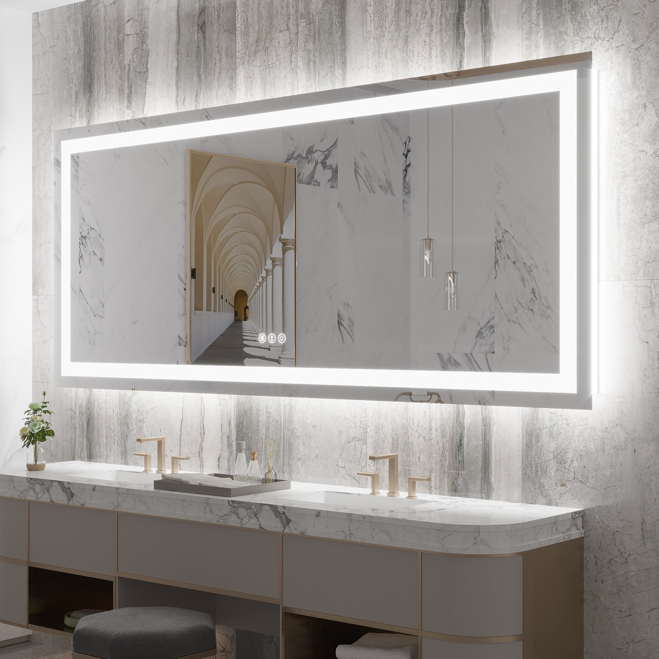 Large Rectangular Frameless Anti-Fog LED Light Wall Mounted Bathroom Vanity Mirror in White - N/A