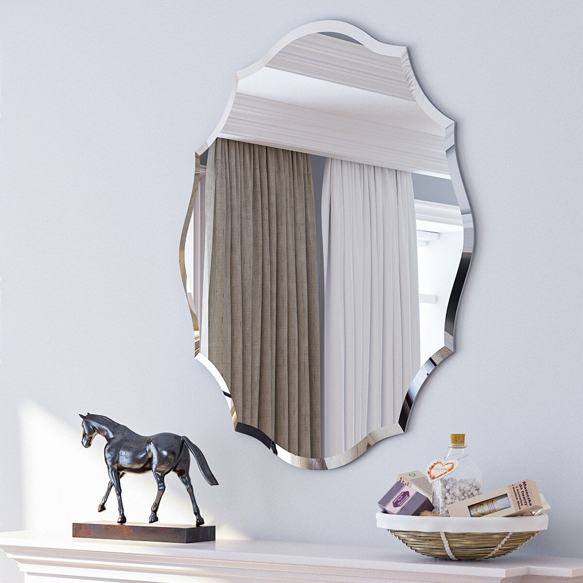 Beveled Frameless Wall Mirror Elegant Scalloped Bathroom Vanity Mirror