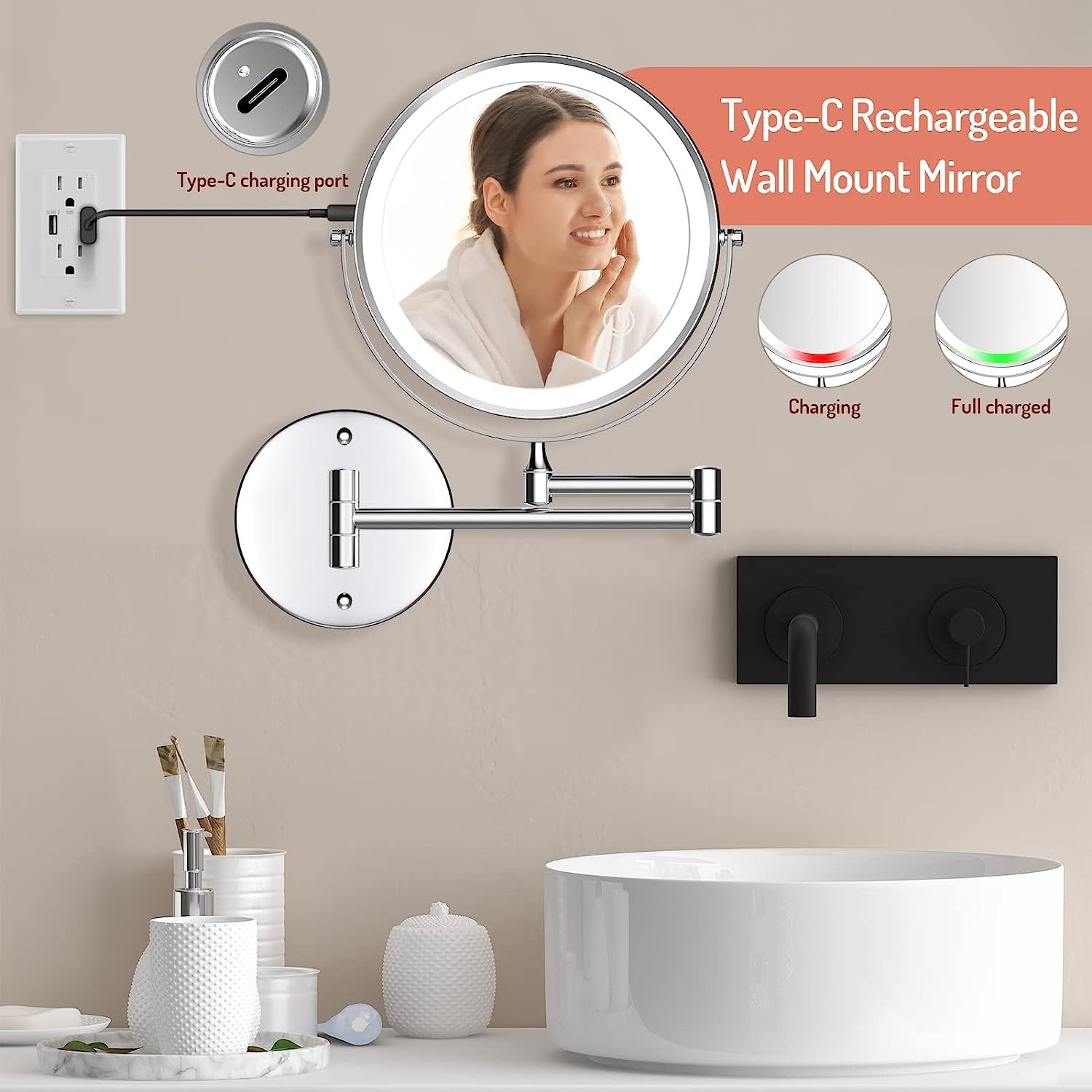 Rechargeable Wall Mounted Lighted Makeup Mirror