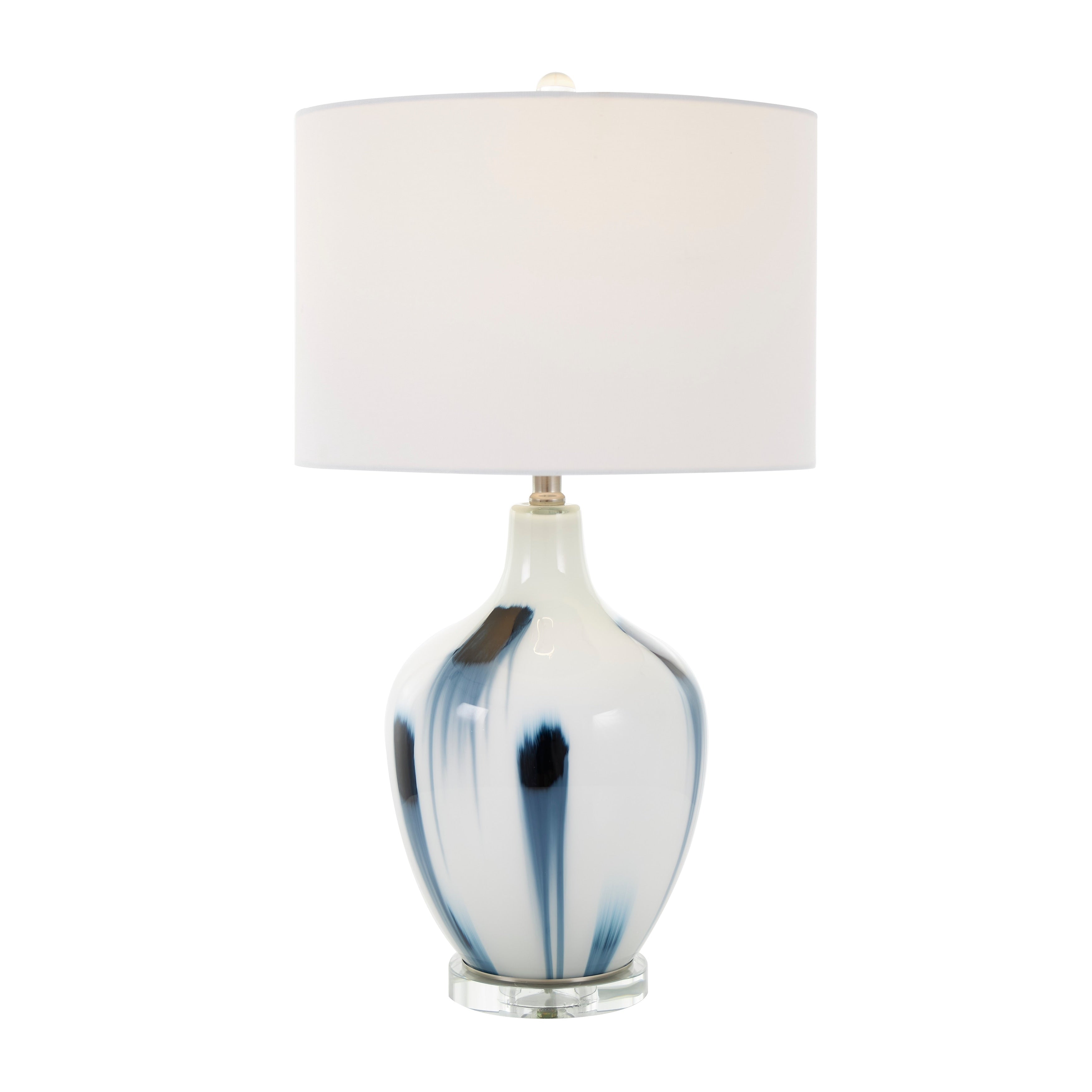 White Glass Abstract Accent Lamp with Blue Drip Splatter Design