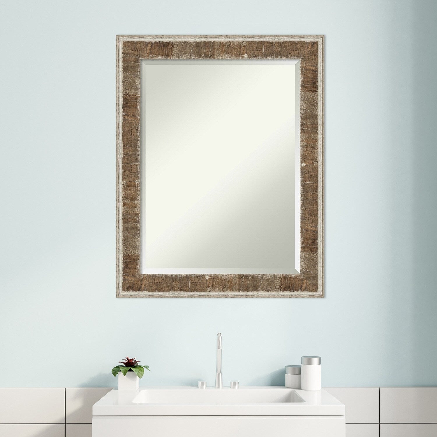 Beveled Wood Bathroom Wall Mirror - Farmhouse Brown Narrow Frame