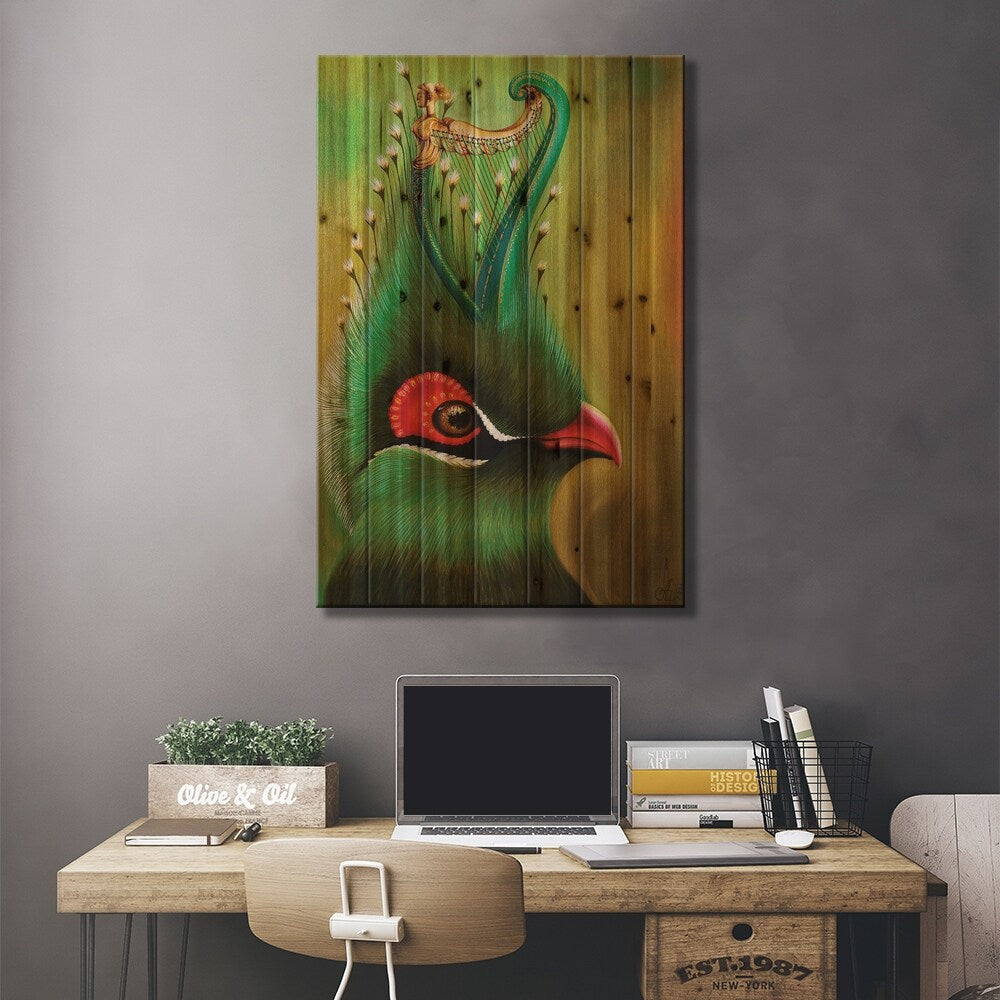 A Bird With An Irish Harp Print On Wood by Anna Shabalova - Multi-Color