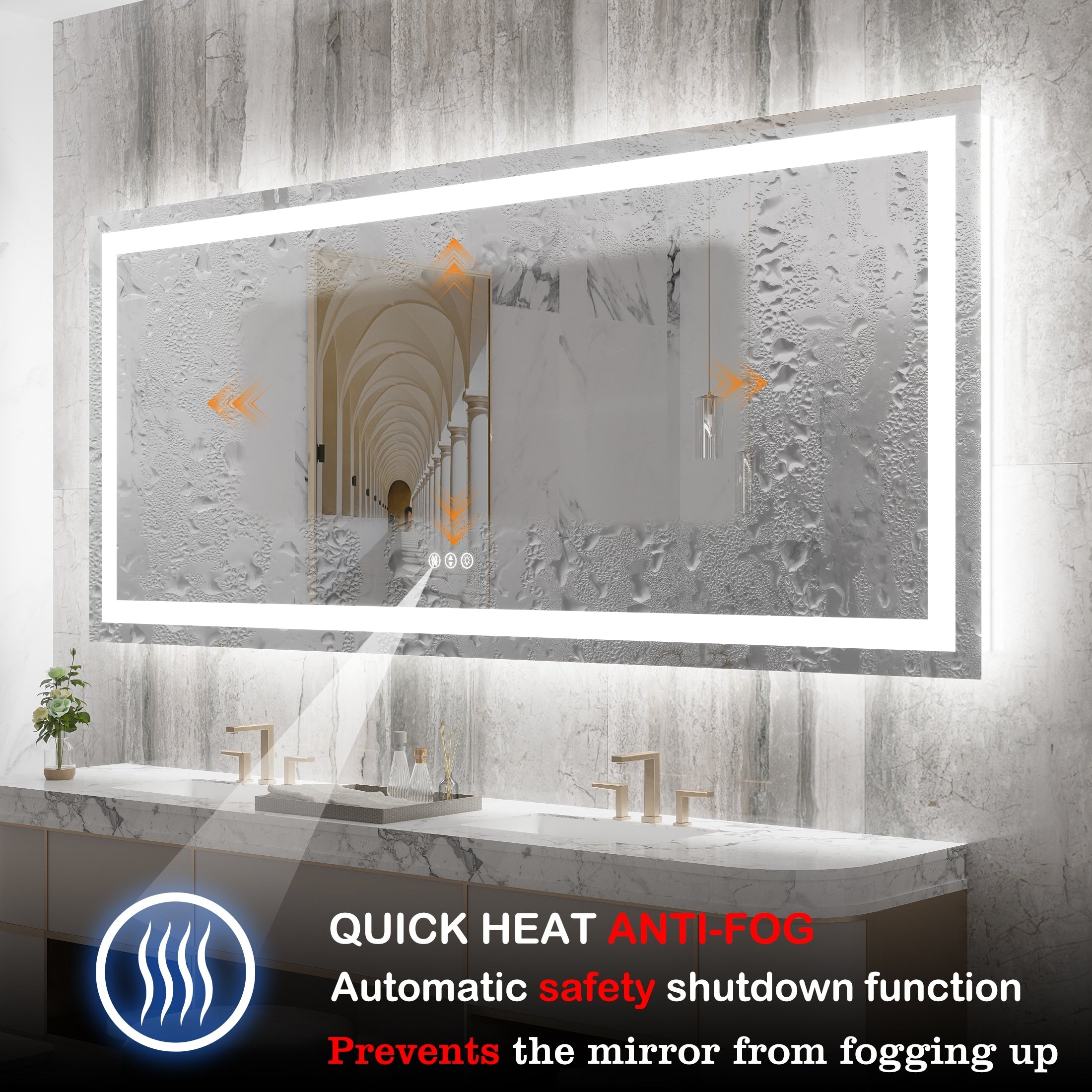 Large Rectangular Frameless Anti-Fog LED Light Wall Mounted Bathroom Vanity Mirror in White - N/A