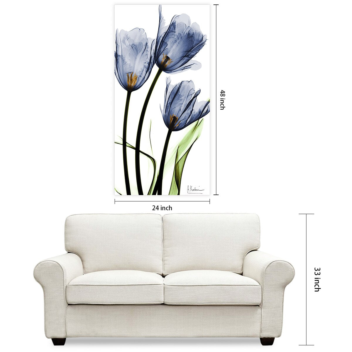 Three Blue Tulips Frameless Free Floating Tempered Glass Panel Graphic Wall Art