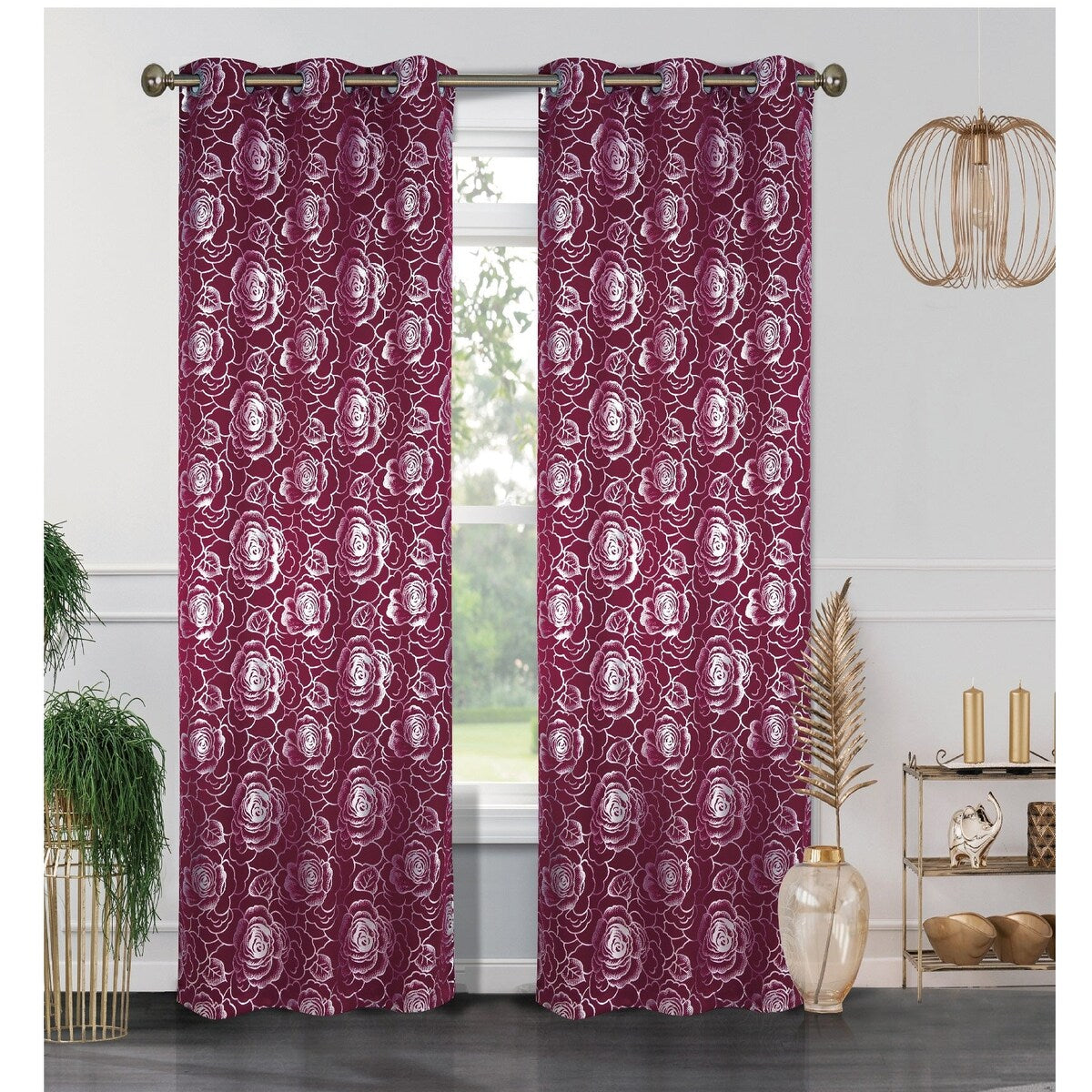 J&V Textiles Floral Metallic Blackout Thermal Grommet Curtain Panels (Set of 2) - Regular