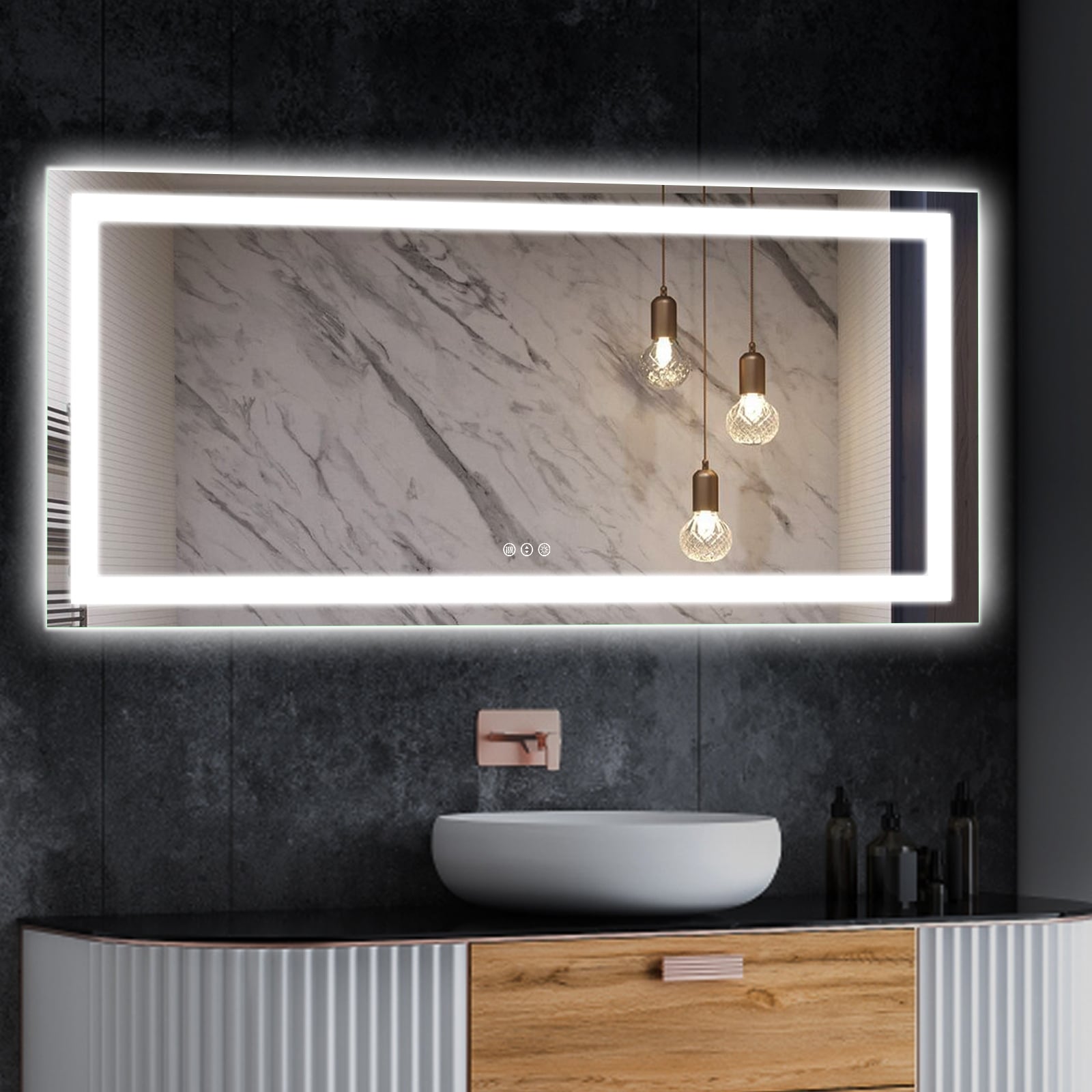 Large Rectangular Frameless Anti-Fog LED Light Wall Mounted Bathroom Vanity Mirror in White - N/A