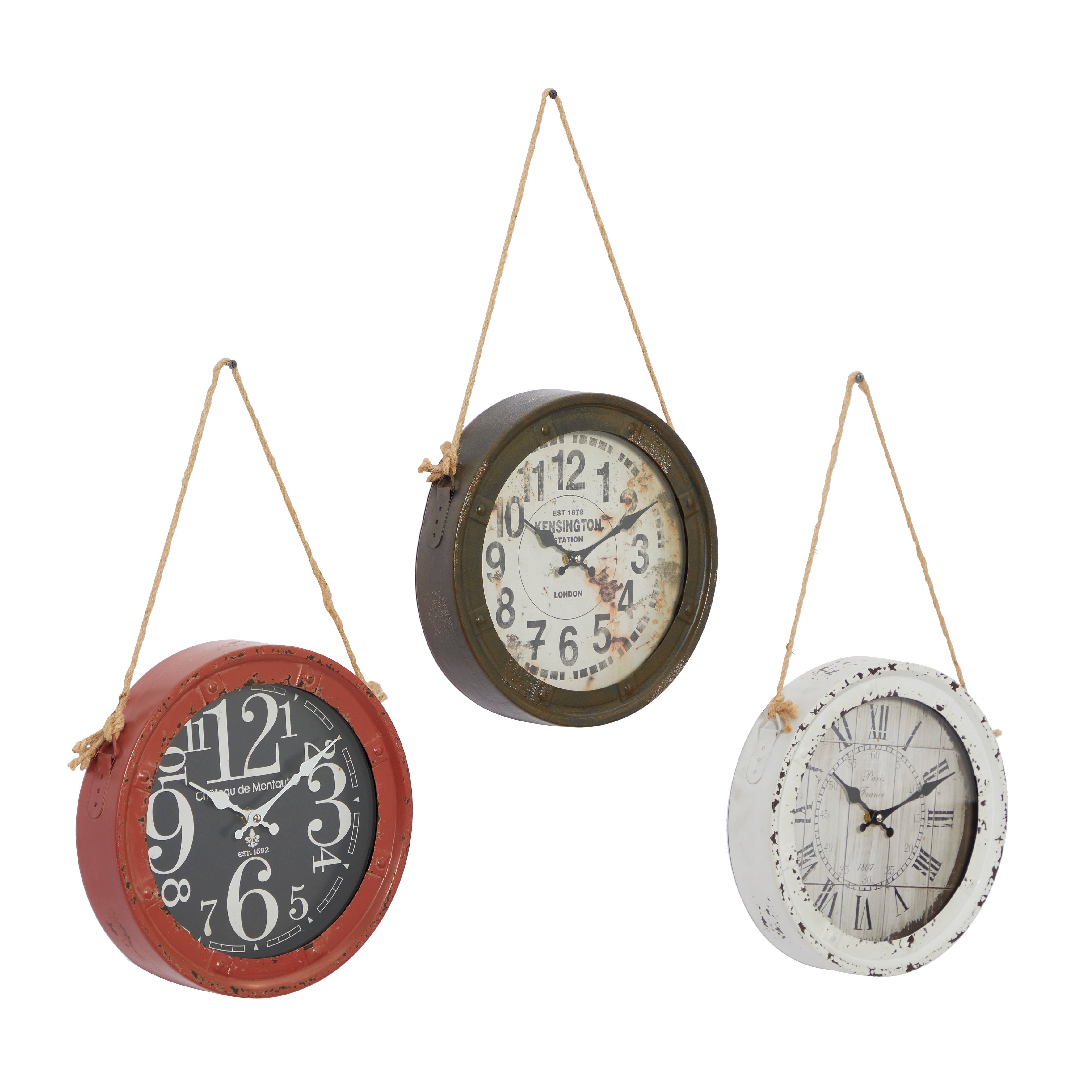 White Metal Decorative Wall Clock with Rope accents (Set of 3)