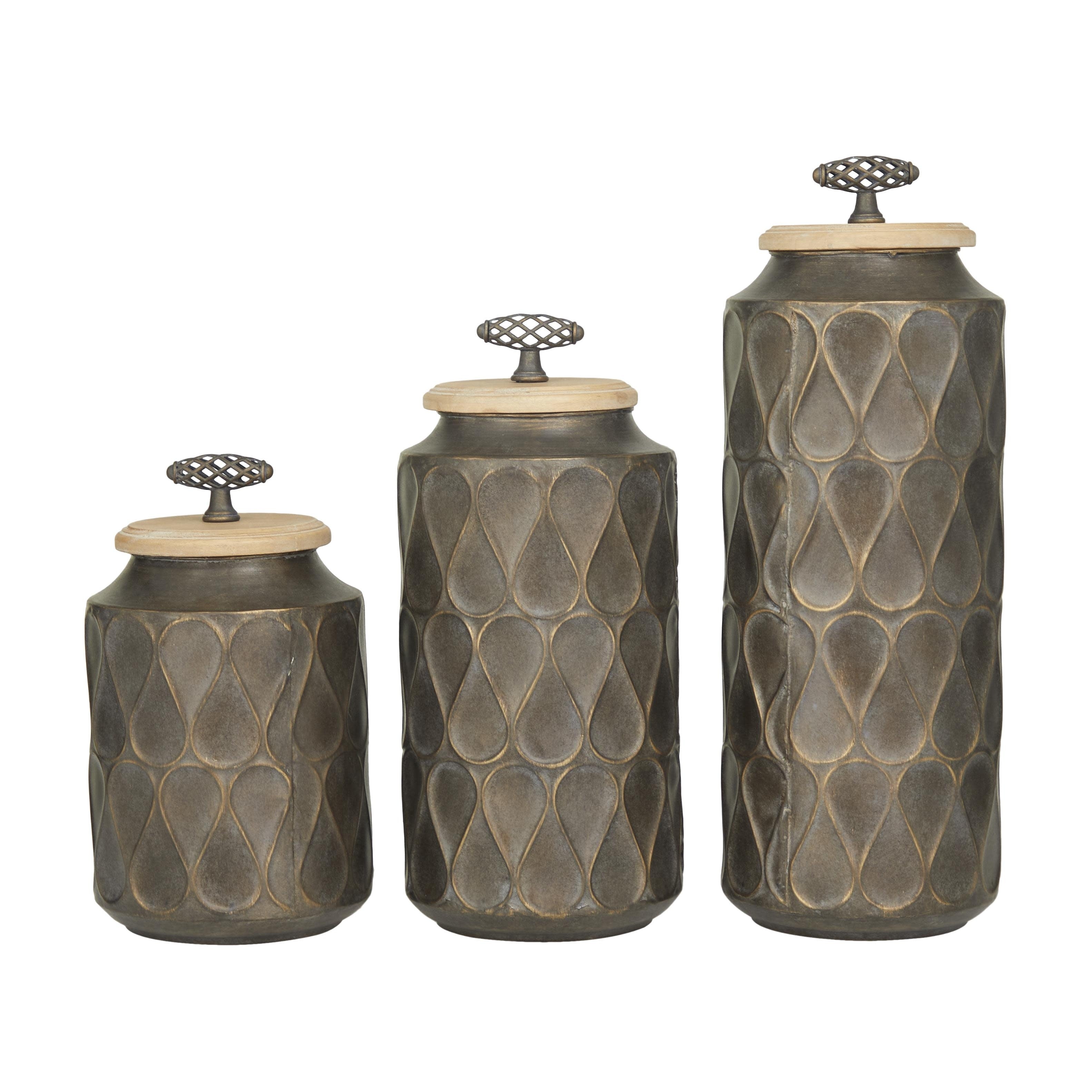 Metal Living Room Decorative Jars with Wood Lids - Set of 3 Bronze or Brown - Roche River Decor