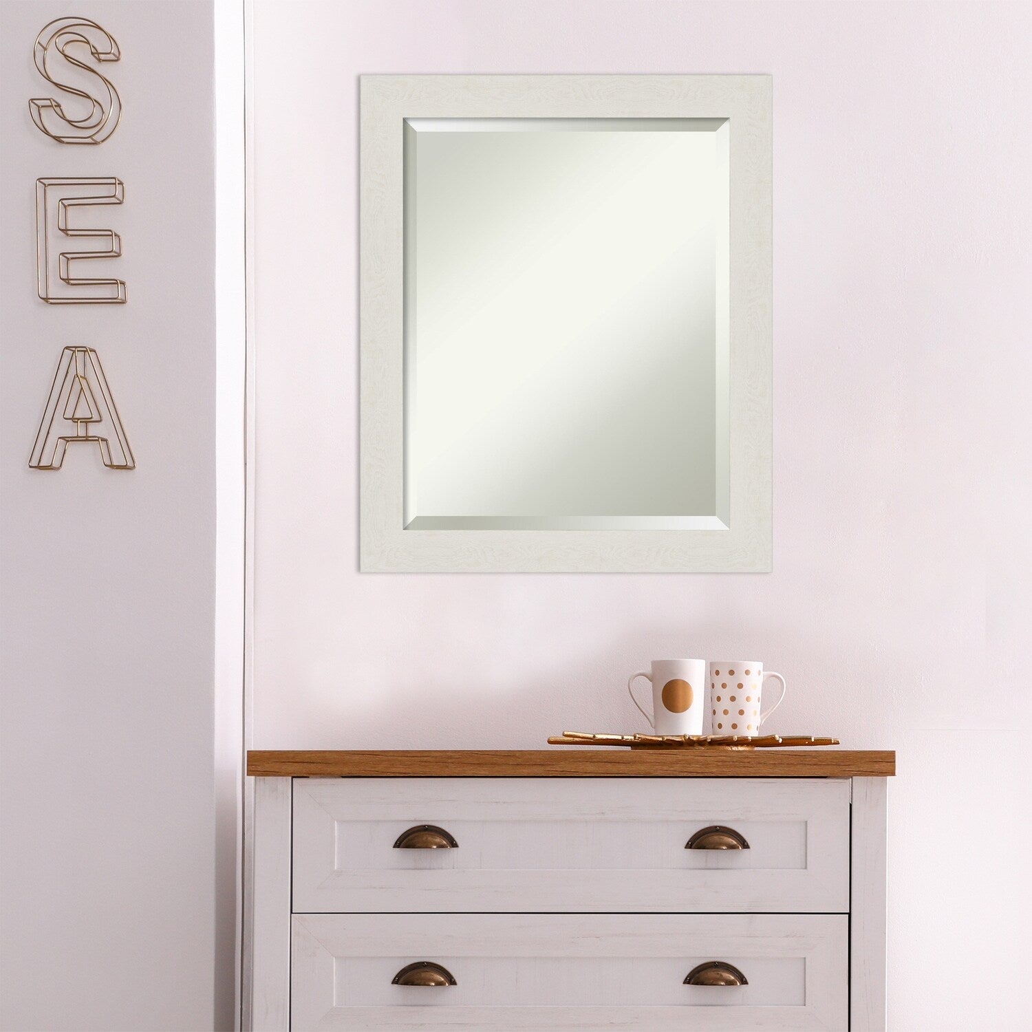 Beveled Bathroom Wall Mirror - Rustic Plank White Narrow Frame