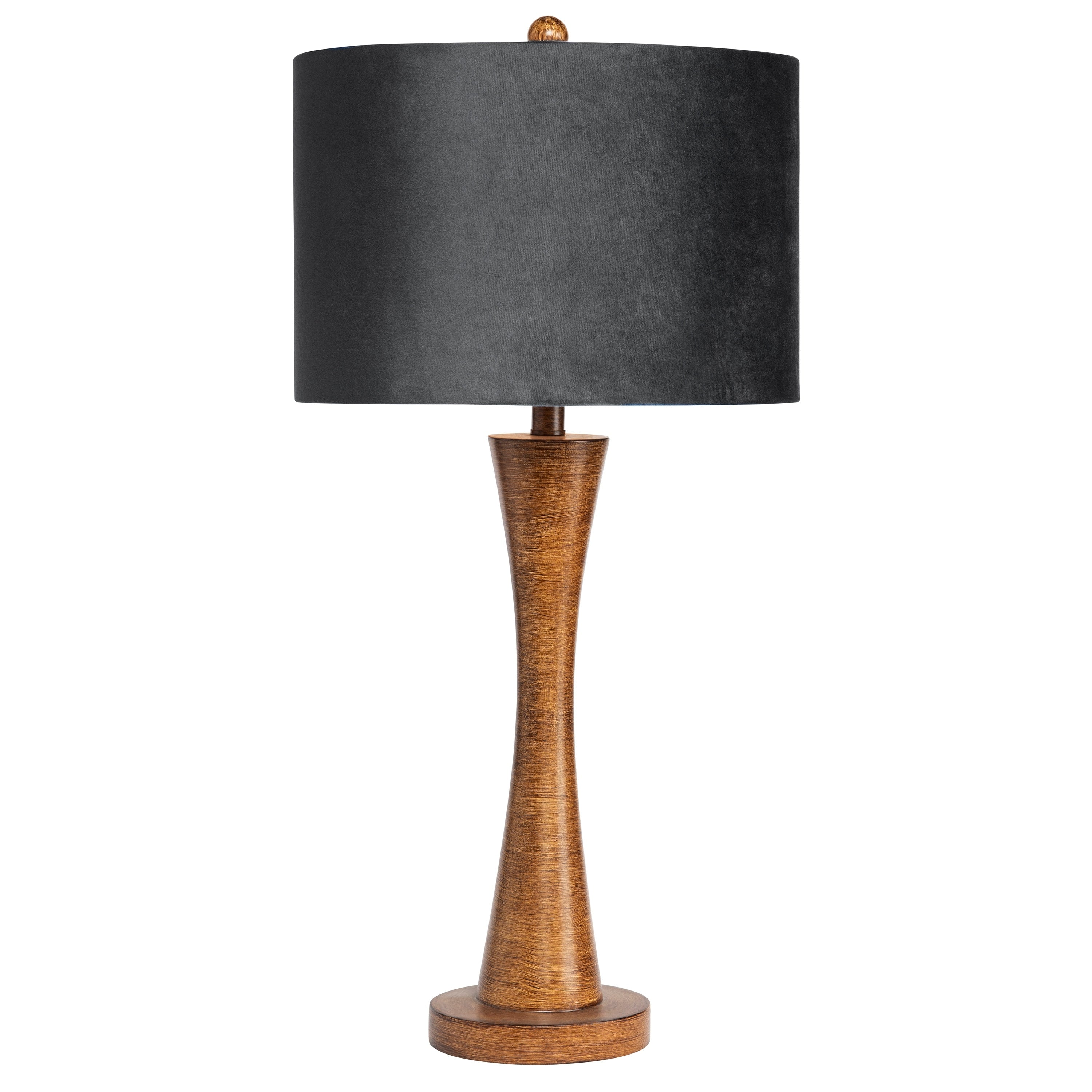 Marci Wood Finished Resin Lamp with Dark Grey Velvet Shade - 15 x 15 x 31.25