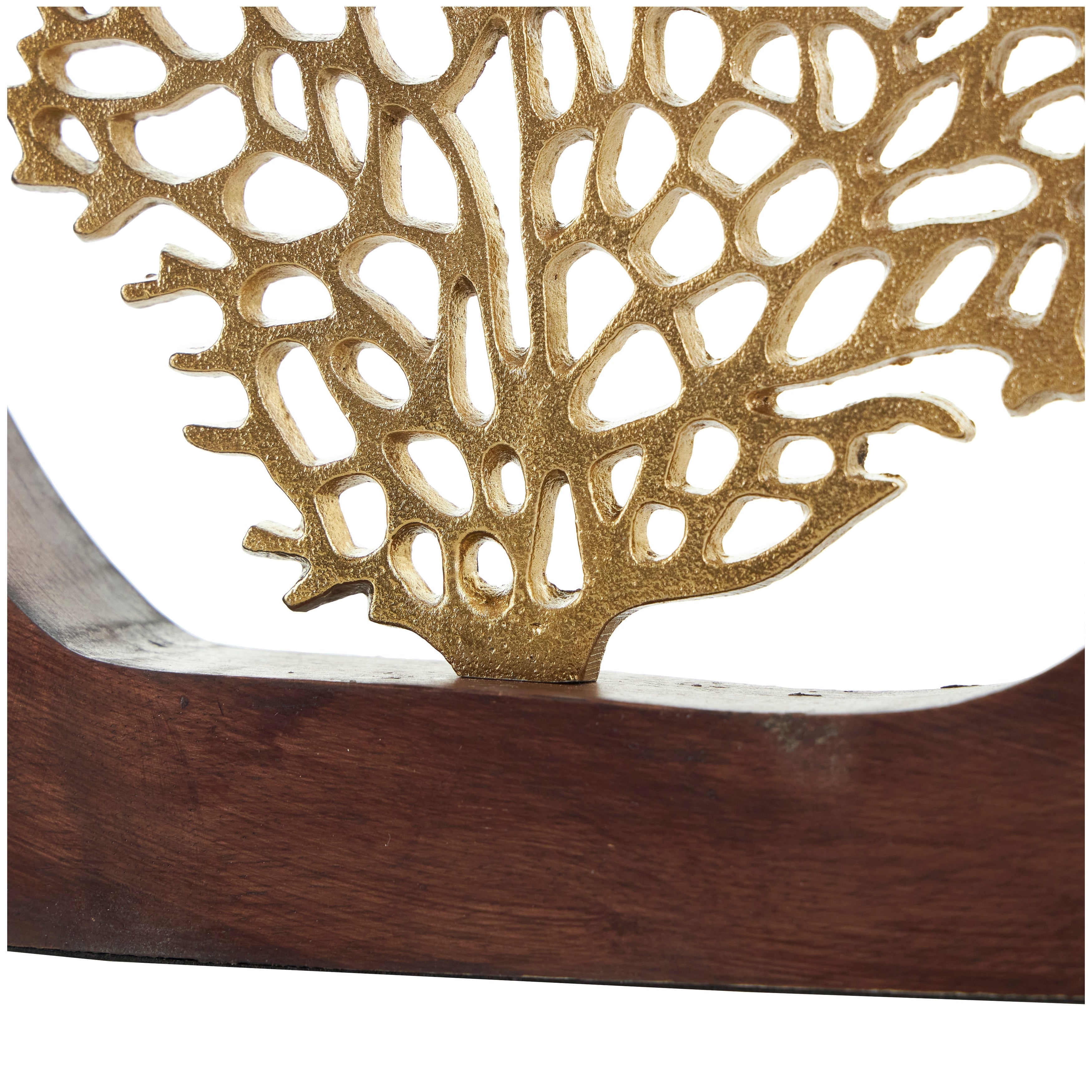 Gold Aluminum Metal Coral Decorative Sculpture with Brown Wooden Frame