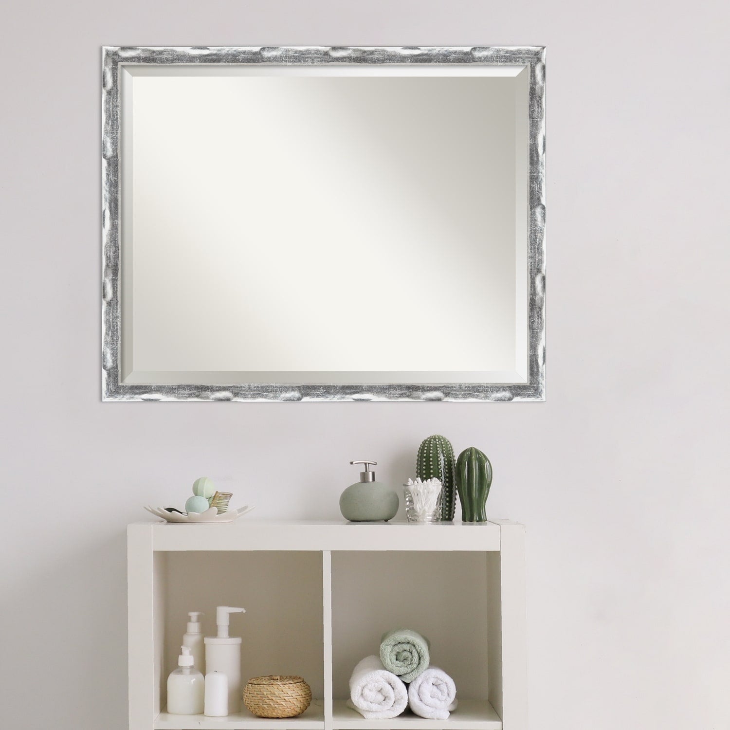 Beveled Bathroom Wall Mirror - Scratched Wave Chrome Frame - Scratched Wave Chrome