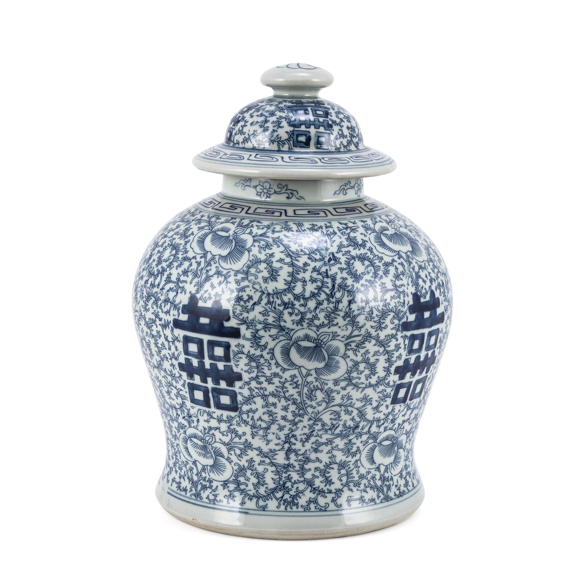 Blue and White Double Happiness Floral Temple Jar - Small