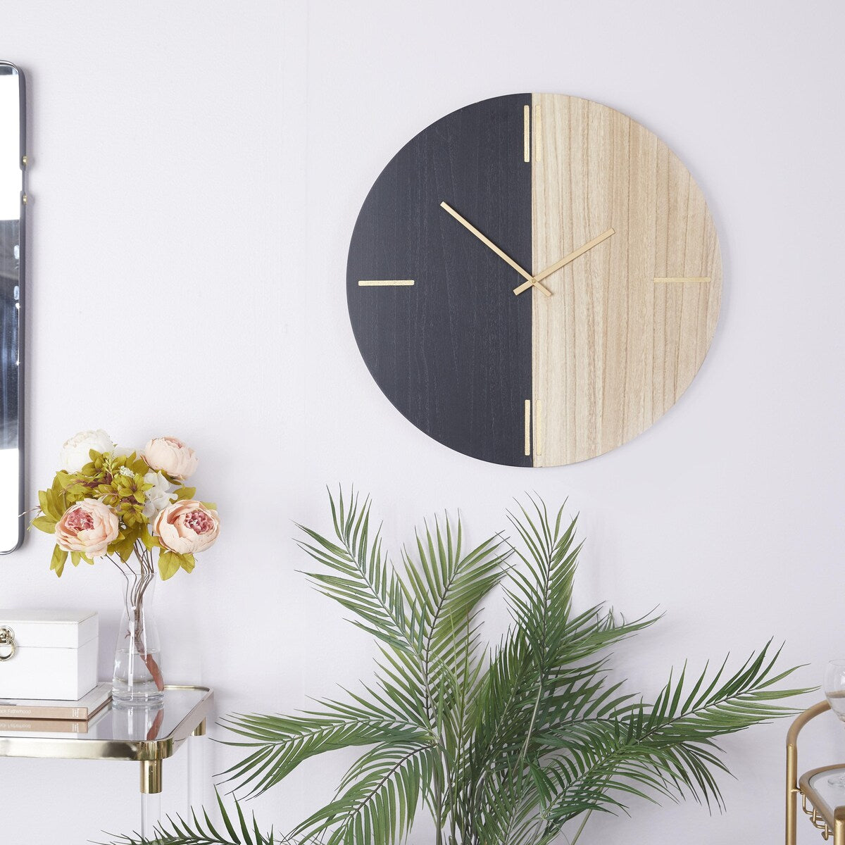 Wooden Round Decorative Wall Clock with Marble Side - Black or Brown - CosmoLiving by Cosmopolitan