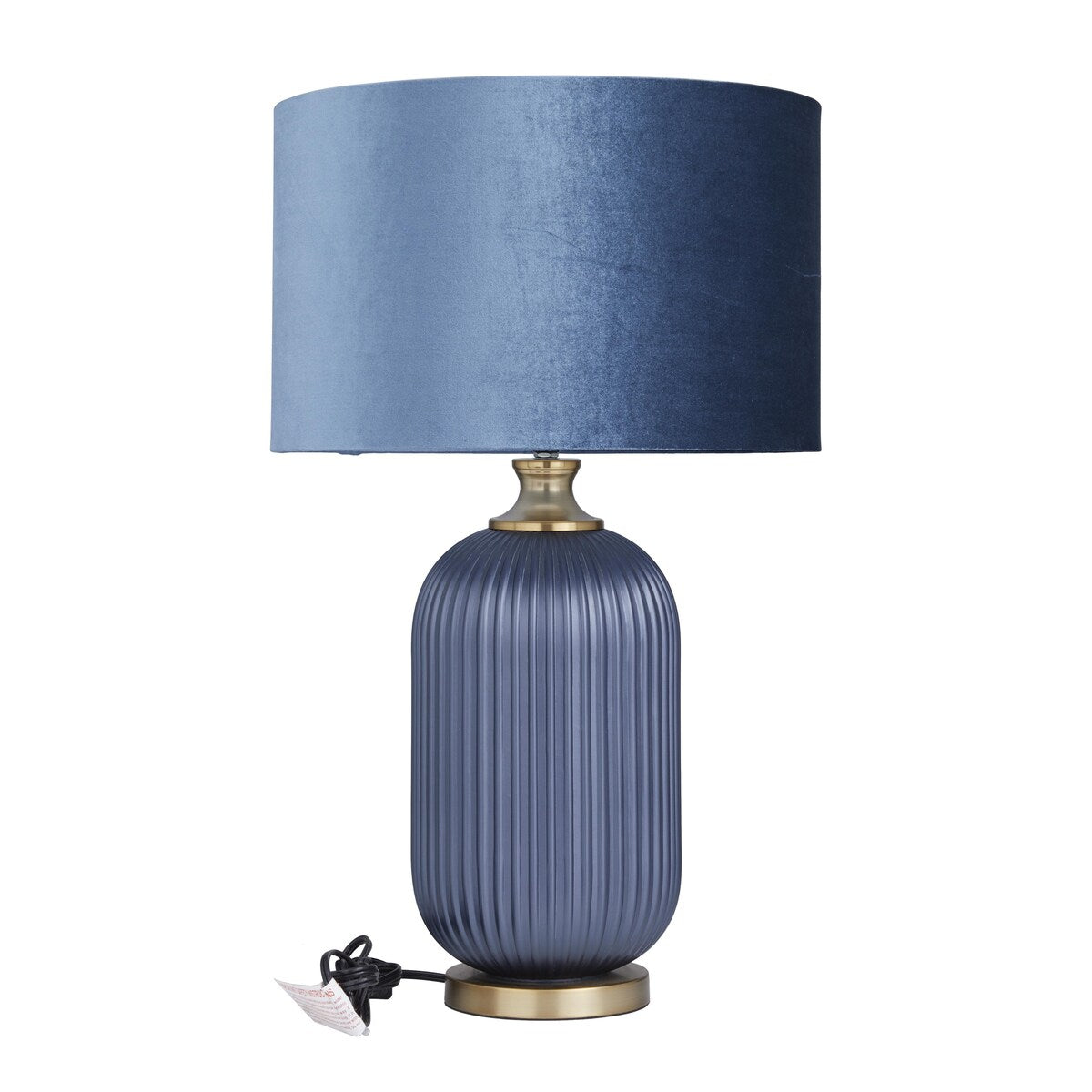 Fabric or Glass Ribbed Room Table Lamp with Velvet Shade and Gold Accents - Blue - Roche River Decor