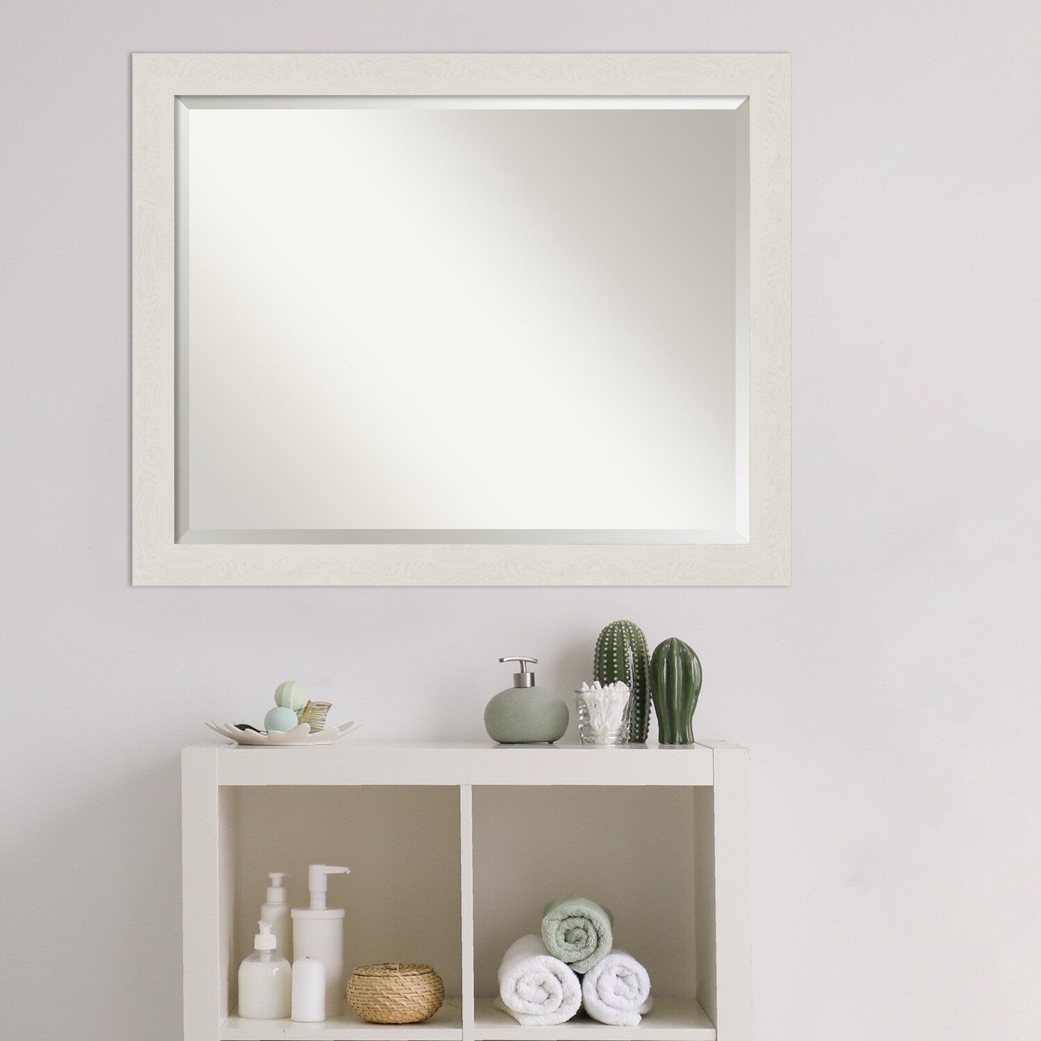 Beveled Bathroom Wall Mirror - Rustic Plank White Narrow Frame