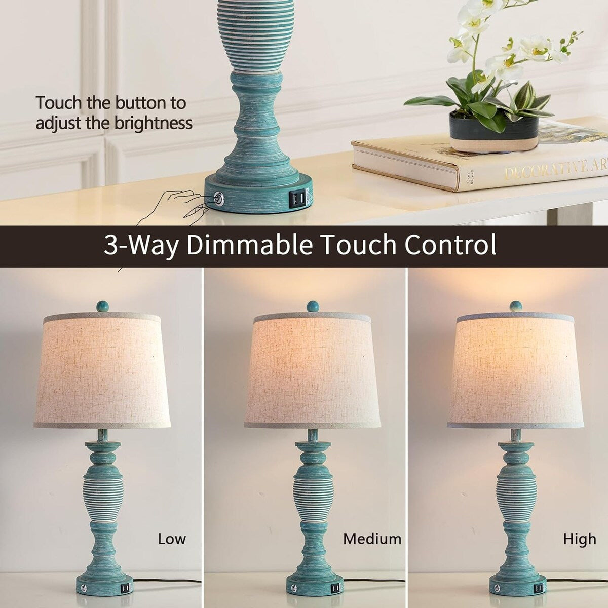 Farmhouse Table Lamps Set of 2, 3 Way Dimmable