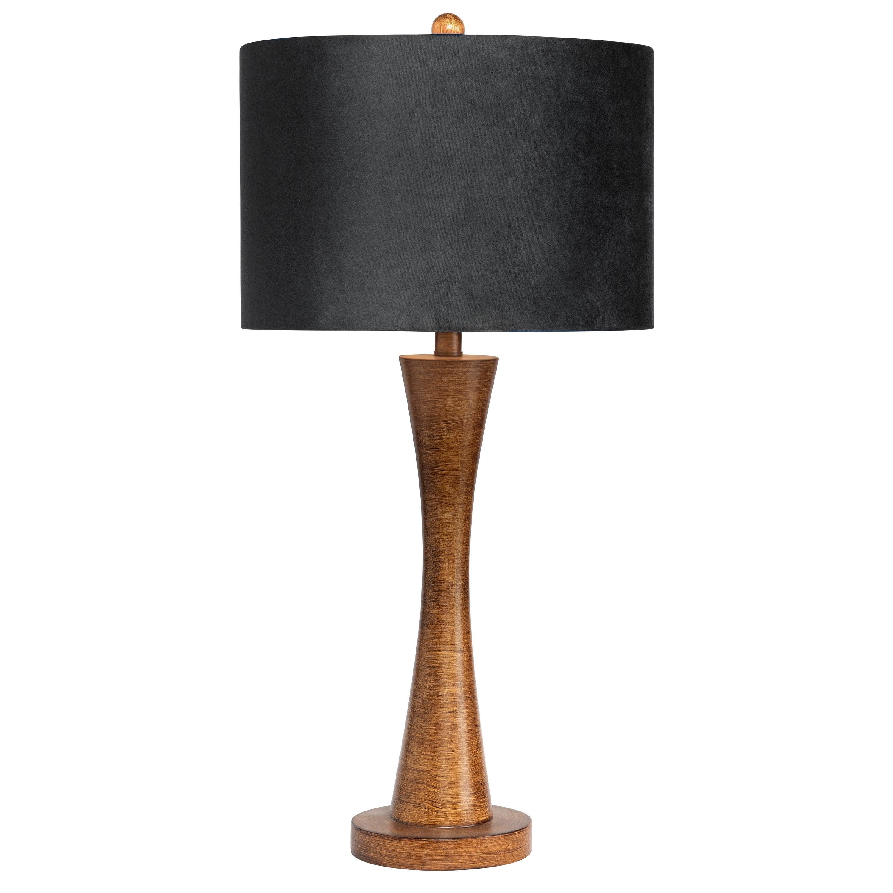 Marci Wood Finished Resin Lamp with Dark Grey Velvet Shade - 15 x 15 x 31.25