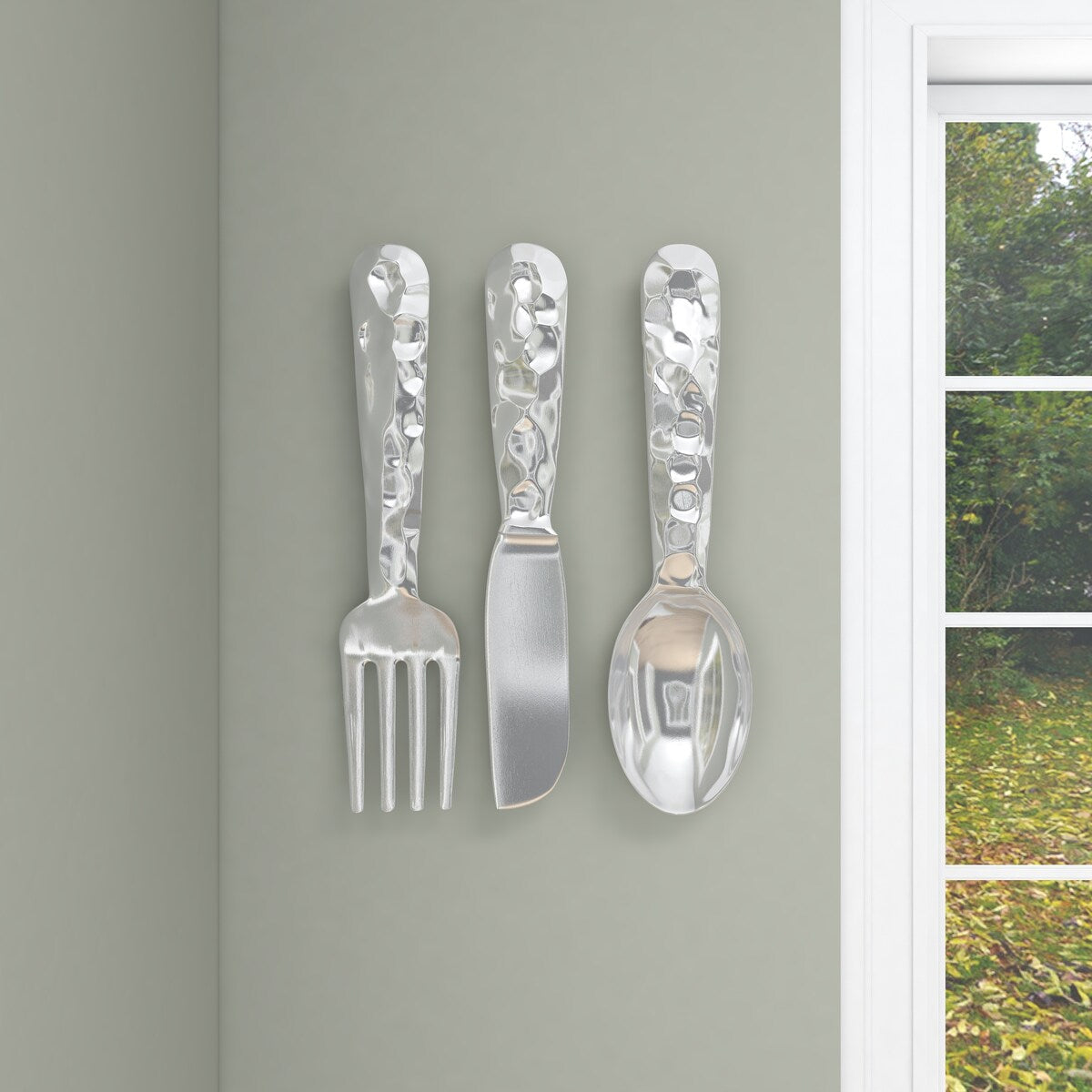 Aluminum Metal Utensils Knife, Spoon and Fork Home Wall Decor - Set of 3 Silver or Copper - Roche River Decor