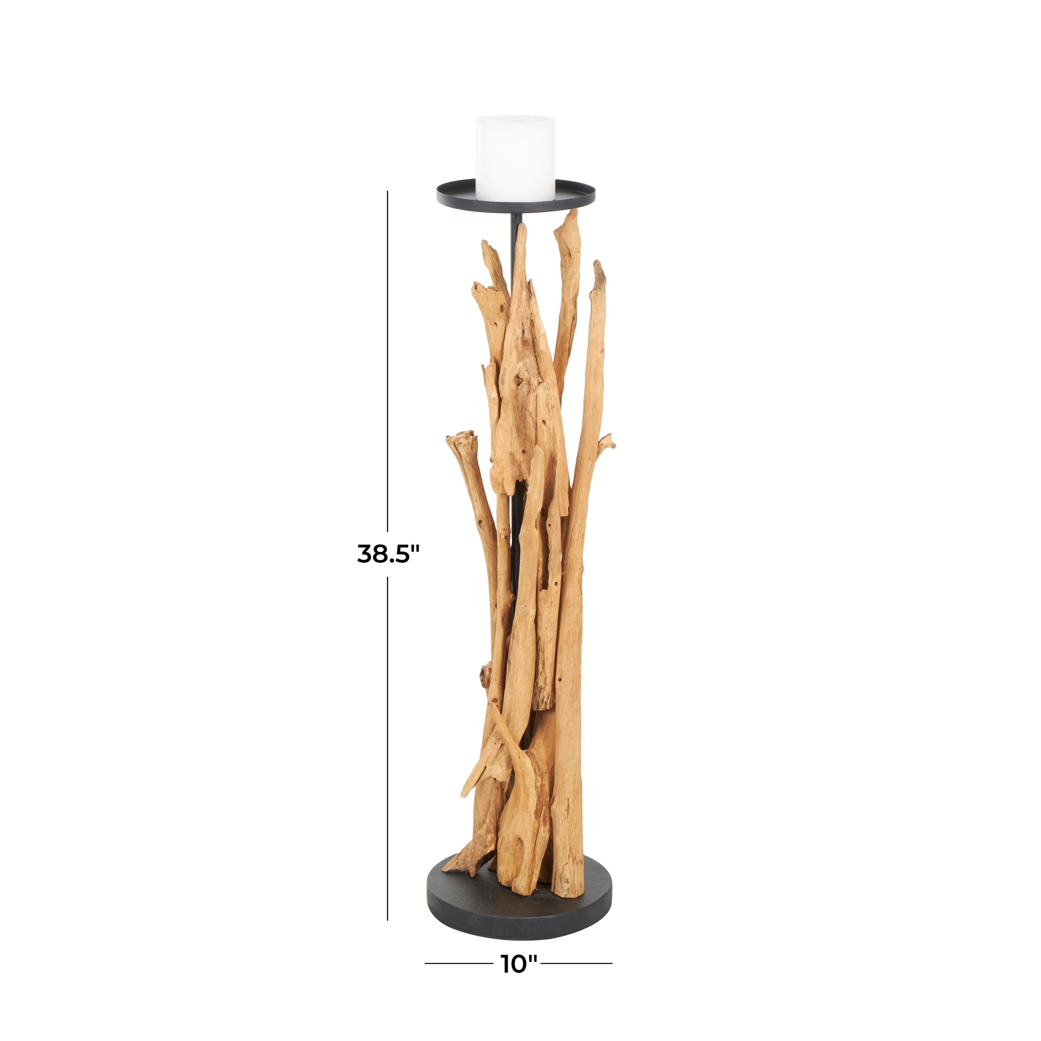 Brown Teak Wood Handmade Tall Tree Branch Floor Candle Holder with Black Metal Accents