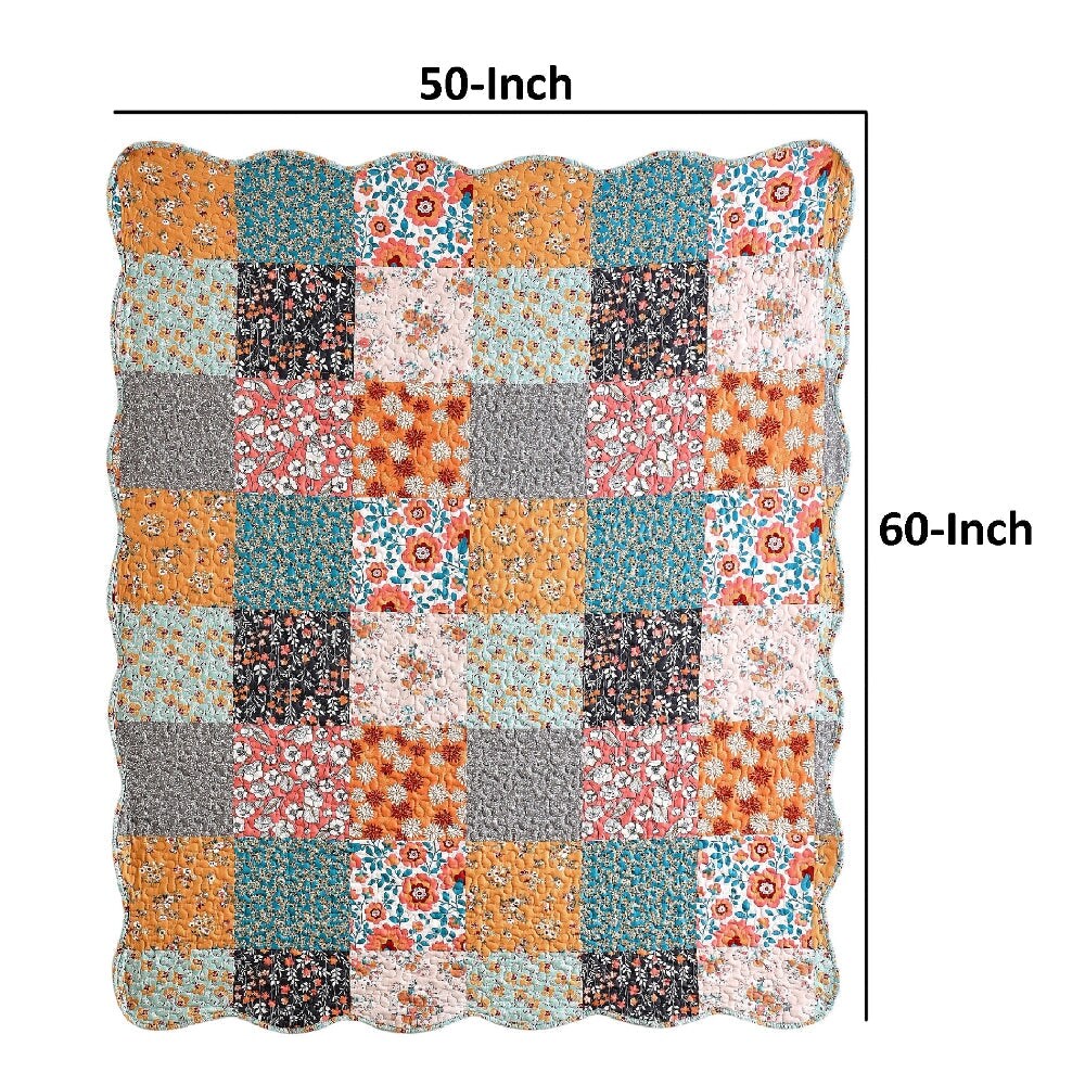 Turin 60 Inch Throw Blanket, Microfiber, Patchwork Floral Print, Multicolor