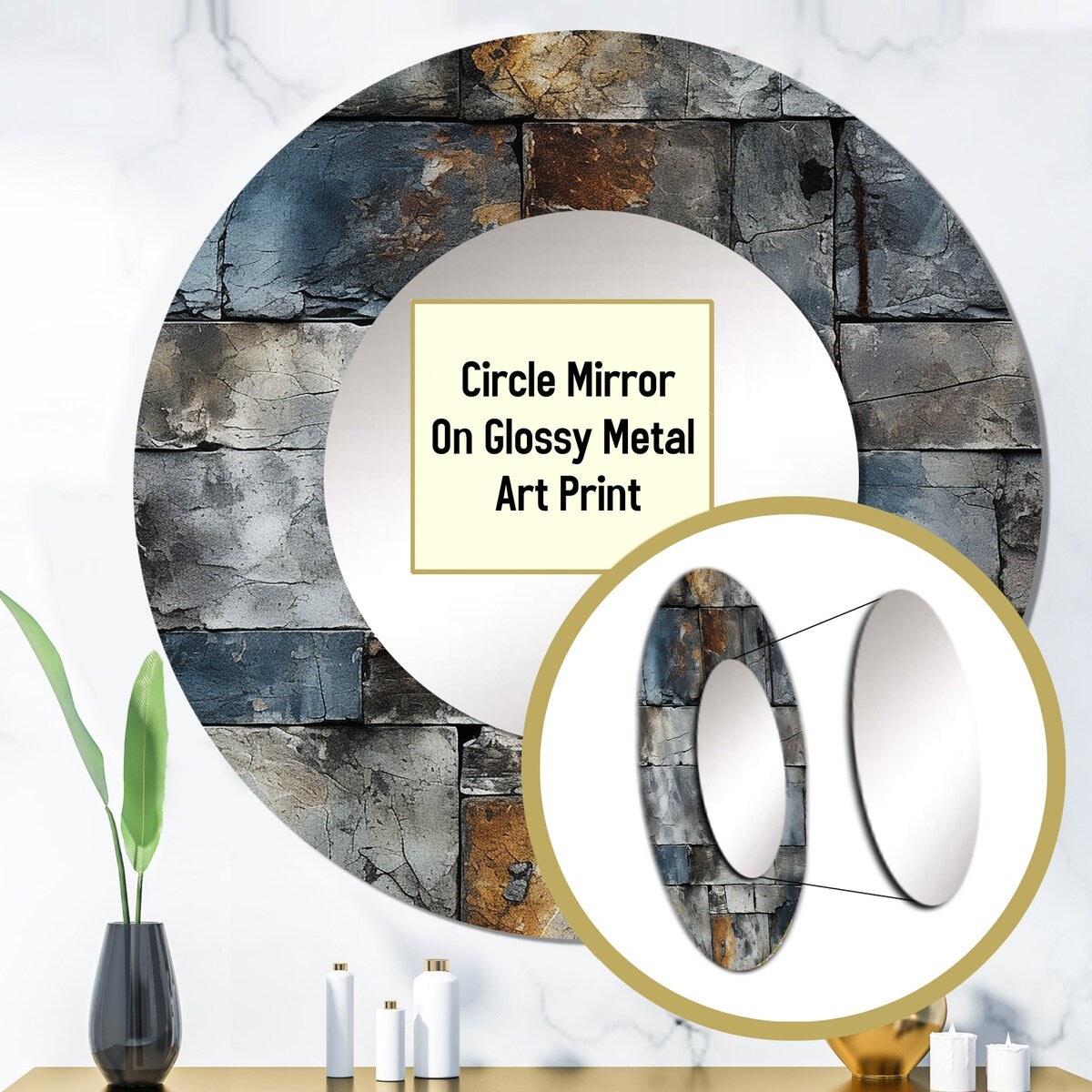 Designart Industrial Concrete Wall Illusion Graphic Print Round Bathroom Mirror - Grey Modern Round Wall Décor