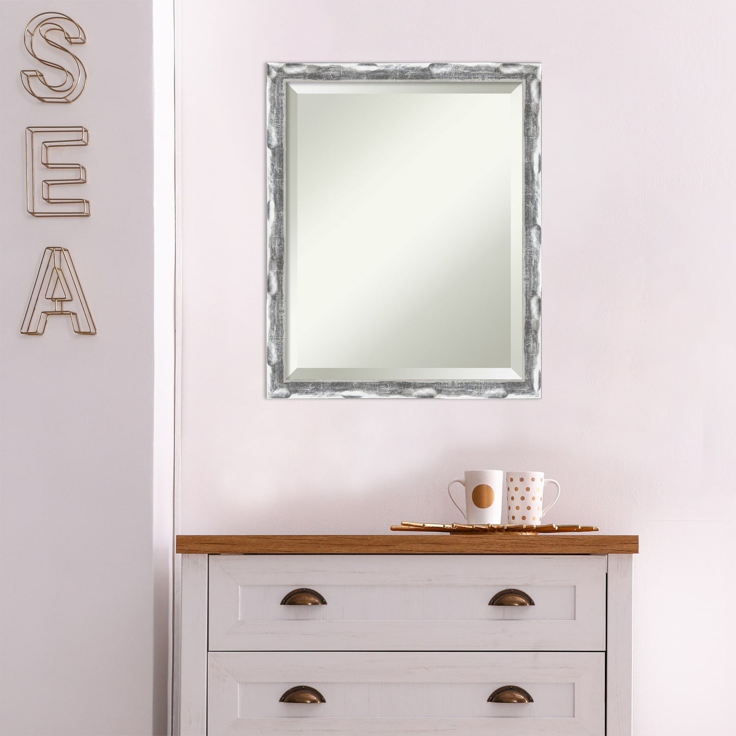 Beveled Bathroom Wall Mirror - Scratched Wave Chrome Frame - Scratched Wave Chrome