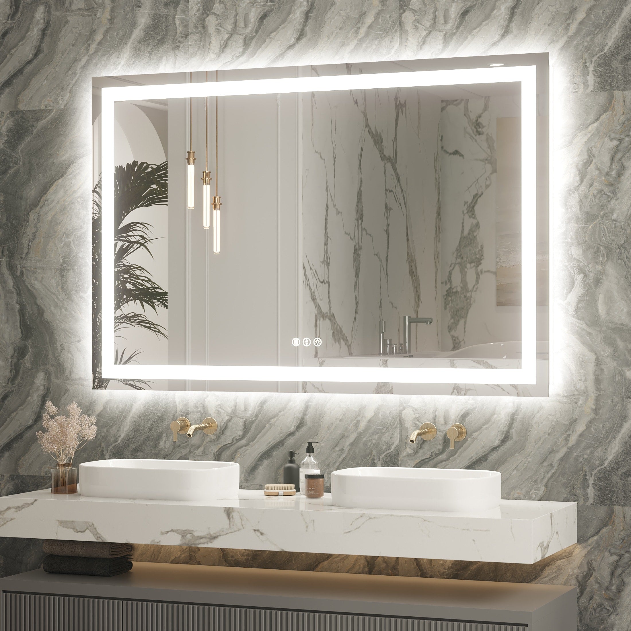 Large Rectangular Frameless Anti-Fog LED Light Wall Mounted Bathroom Vanity Mirror in White - N/A