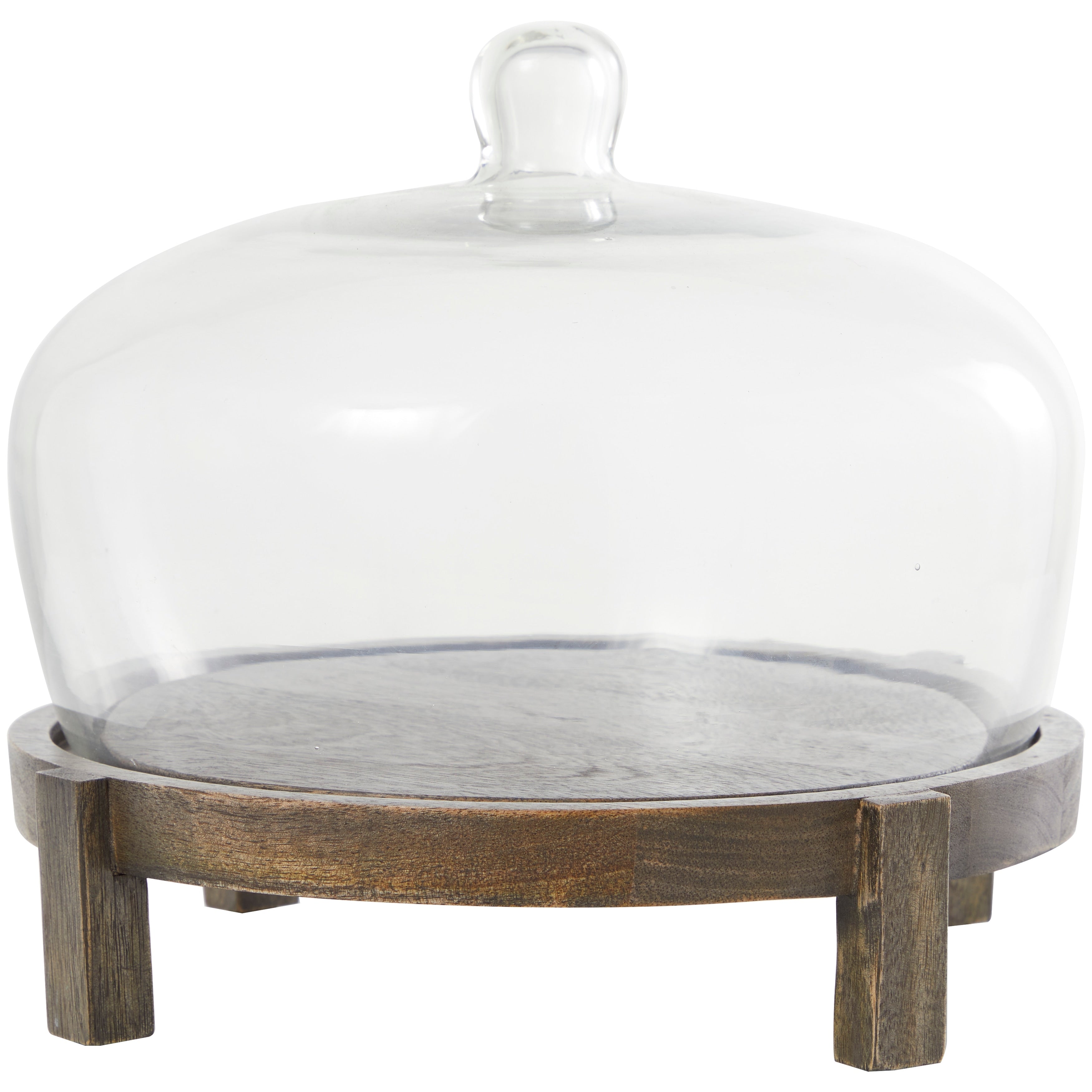 Dark Brown Mango Wood Cake Stand with Glass Cloche