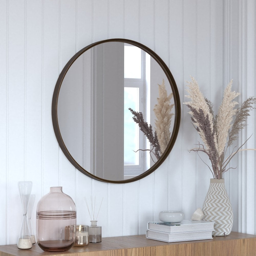 Wall Mount Shatterproof Round Accent Wall Mirror with Metal Frame