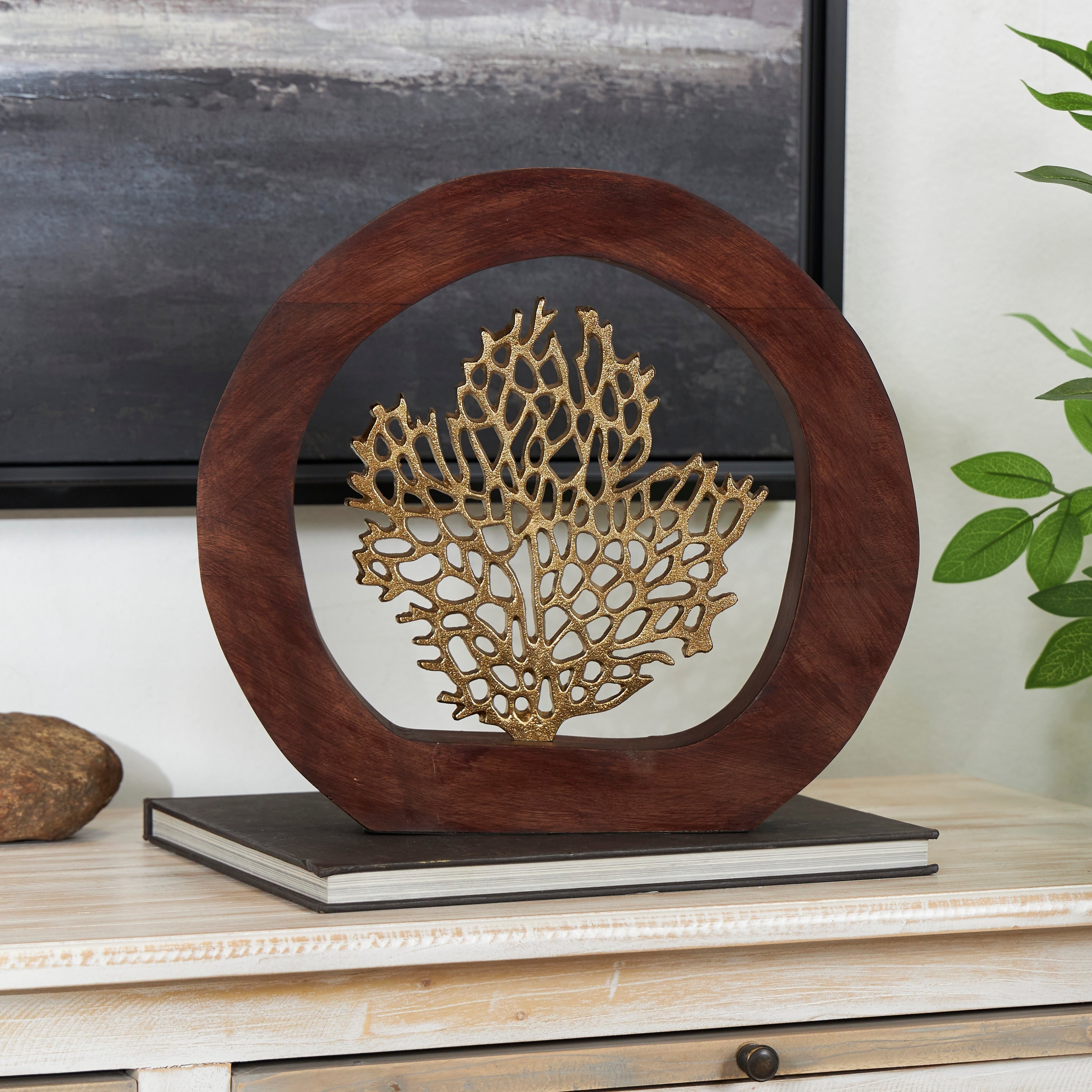 Gold Aluminum Metal Coral Decorative Sculpture with Brown Wooden Frame