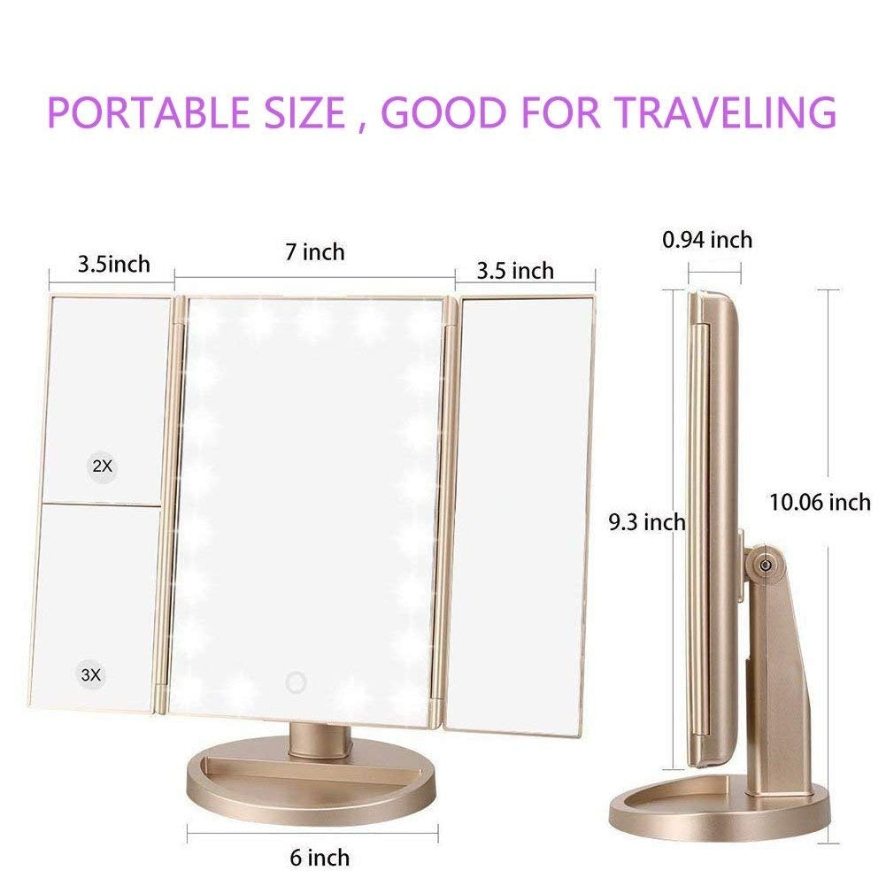 Tabletop Mount Trifold Lighted Vanity Mirror with 21 LED Lights,Two Power Supply Mode Make up Mirror