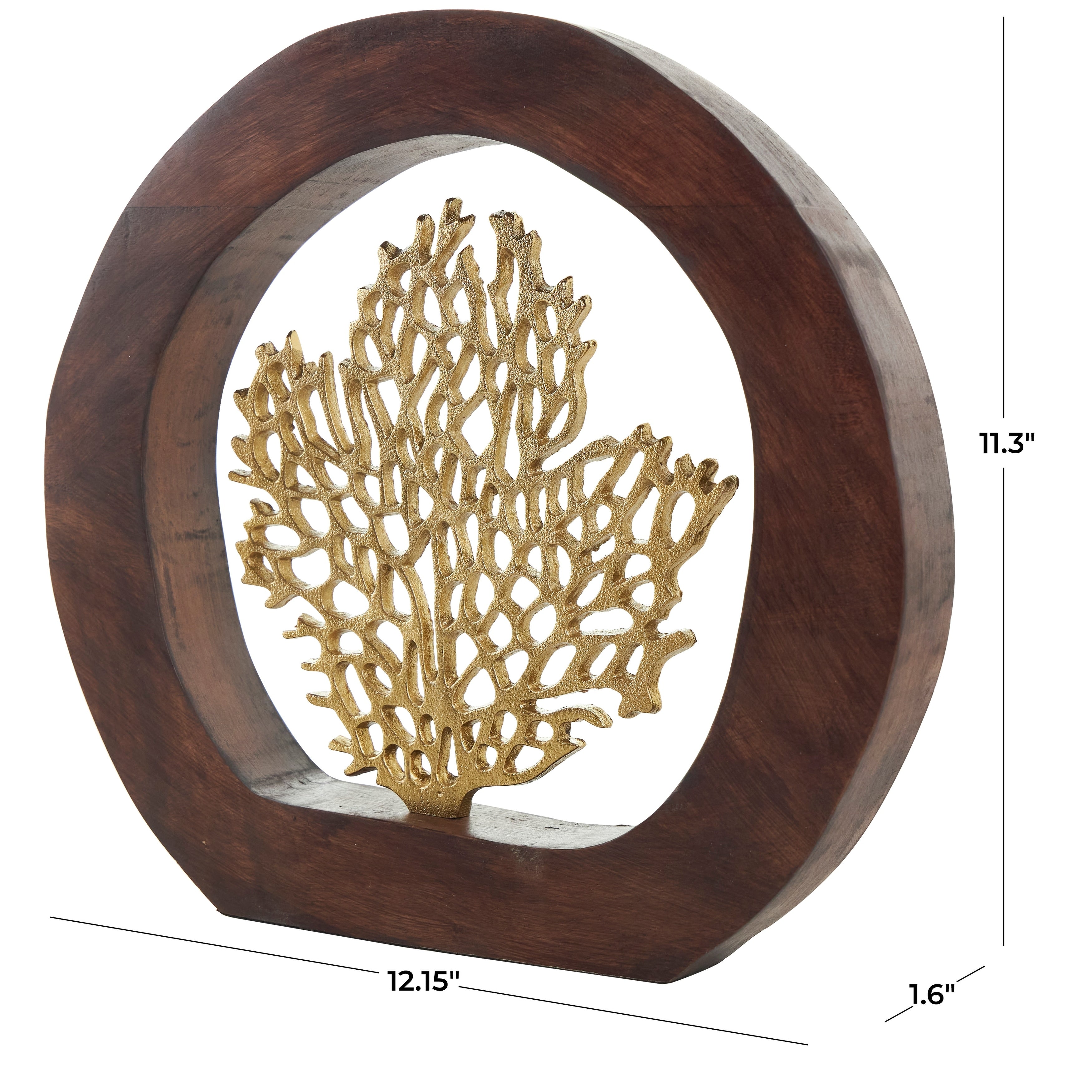 Gold Aluminum Metal Coral Decorative Sculpture with Brown Wooden Frame