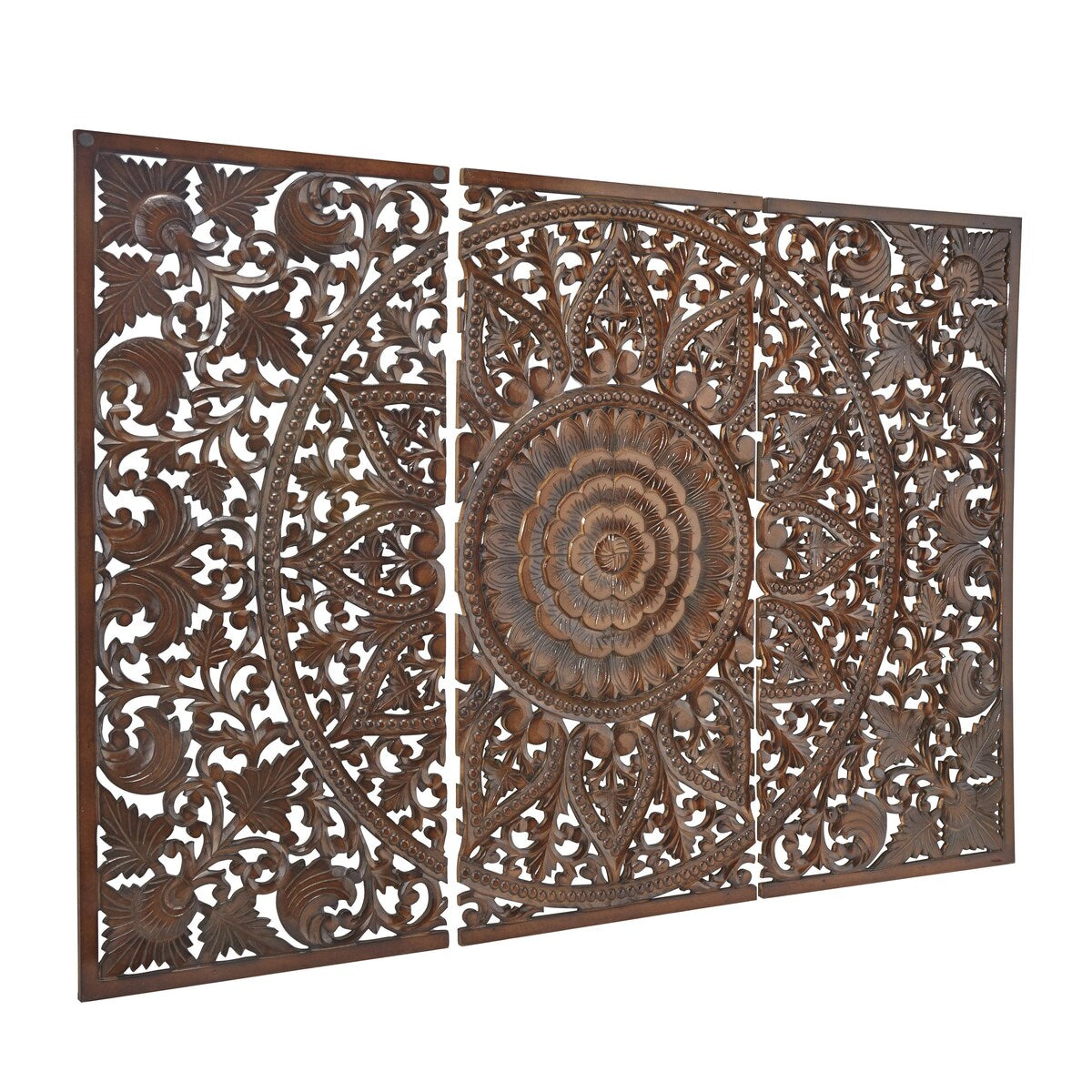 Wooden Floral Handmade Intricately Carved Home Wall Decor with Mandala Design - Set of 3 Brown - Roche River Decor