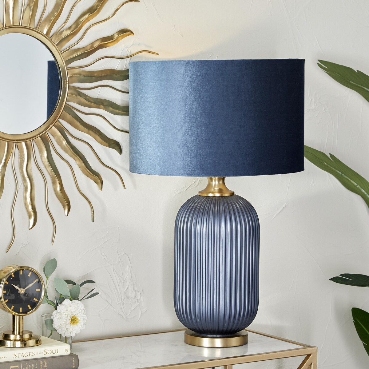 Fabric or Glass Ribbed Room Table Lamp with Velvet Shade and Gold Accents - Blue - Roche River Decor