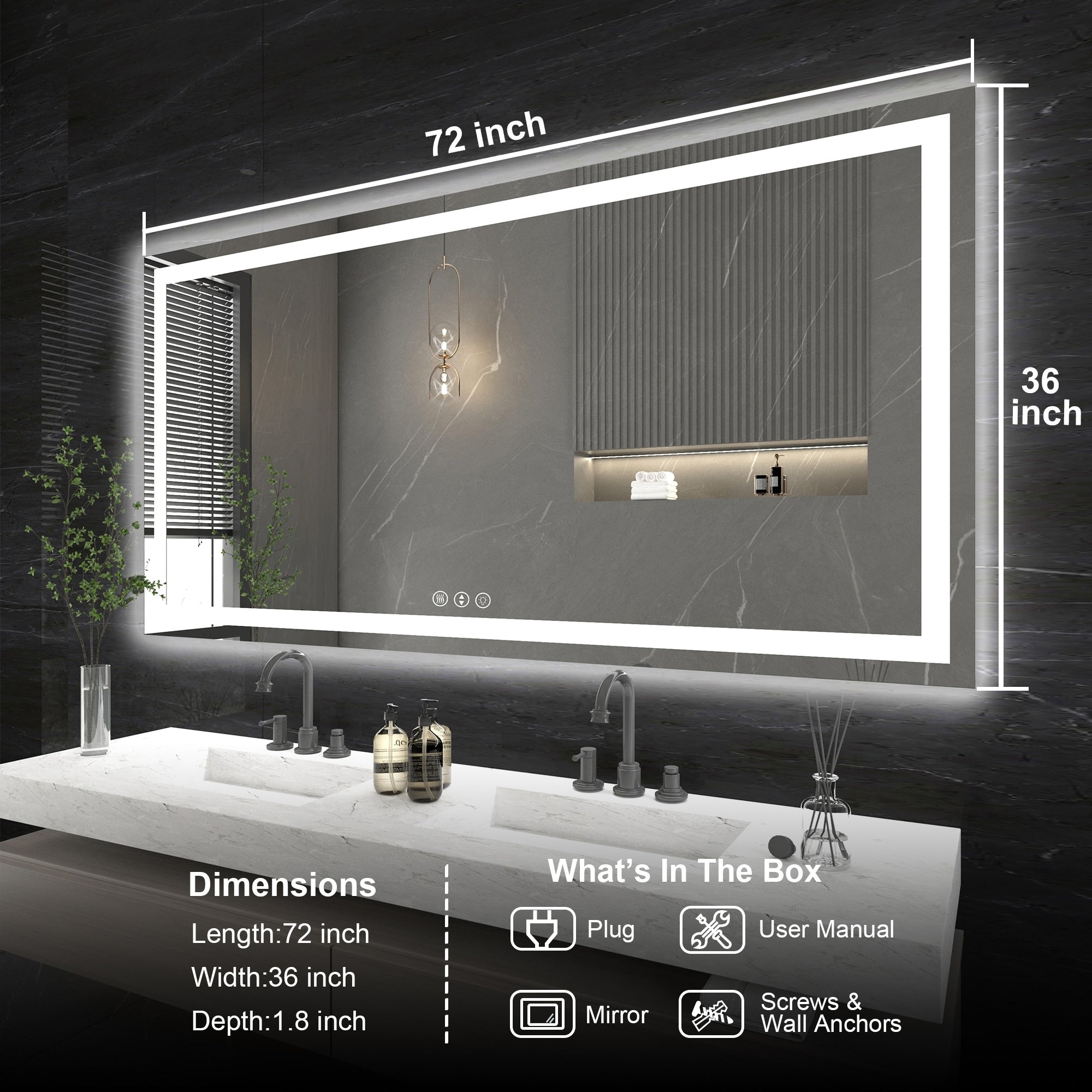 Large Rectangular Frameless Anti-Fog LED Light Wall Mounted Bathroom Vanity Mirror in White - N/A