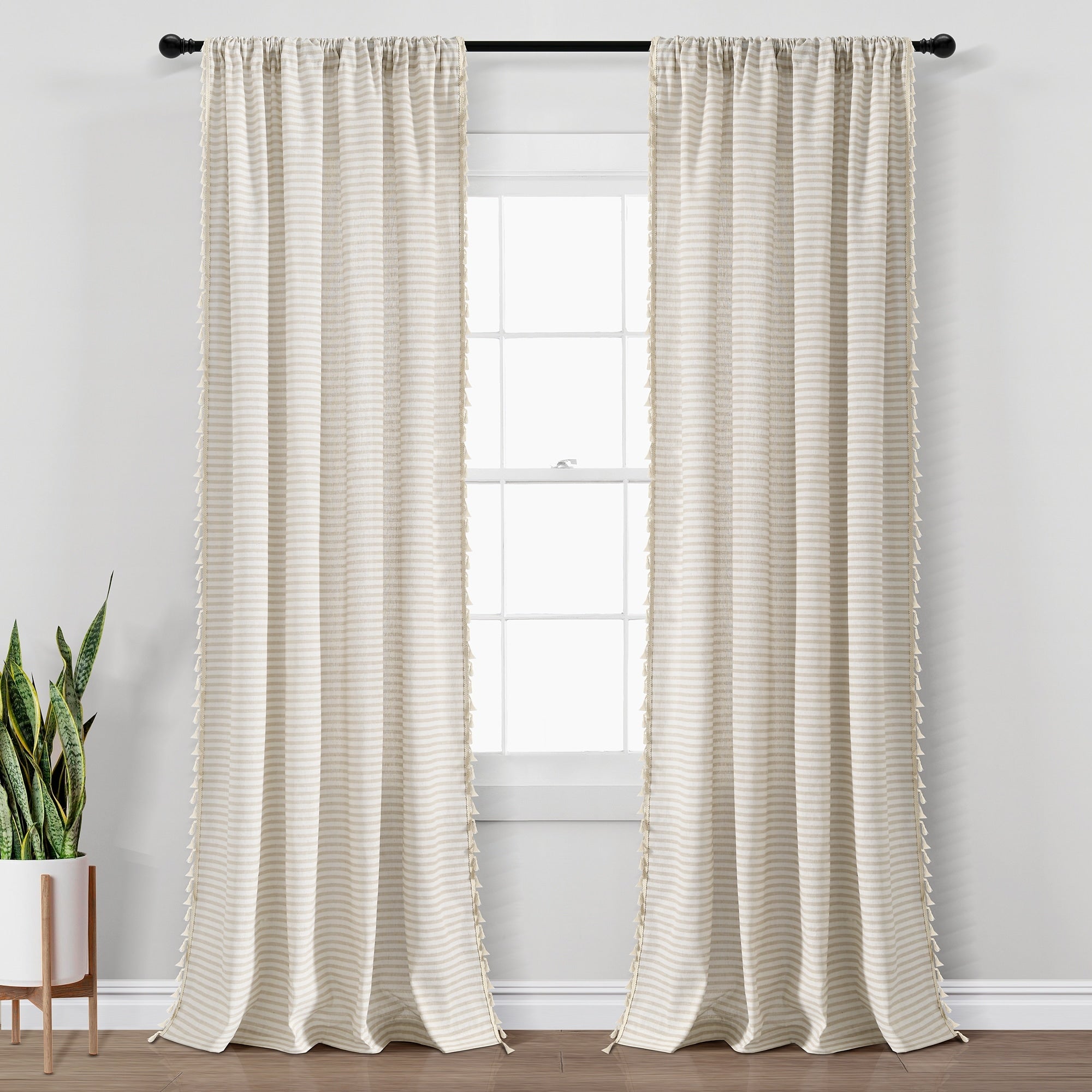 Lush Decor Boho Coastal Horizontal Ticking Stripe Tassel Window Curtain Panels