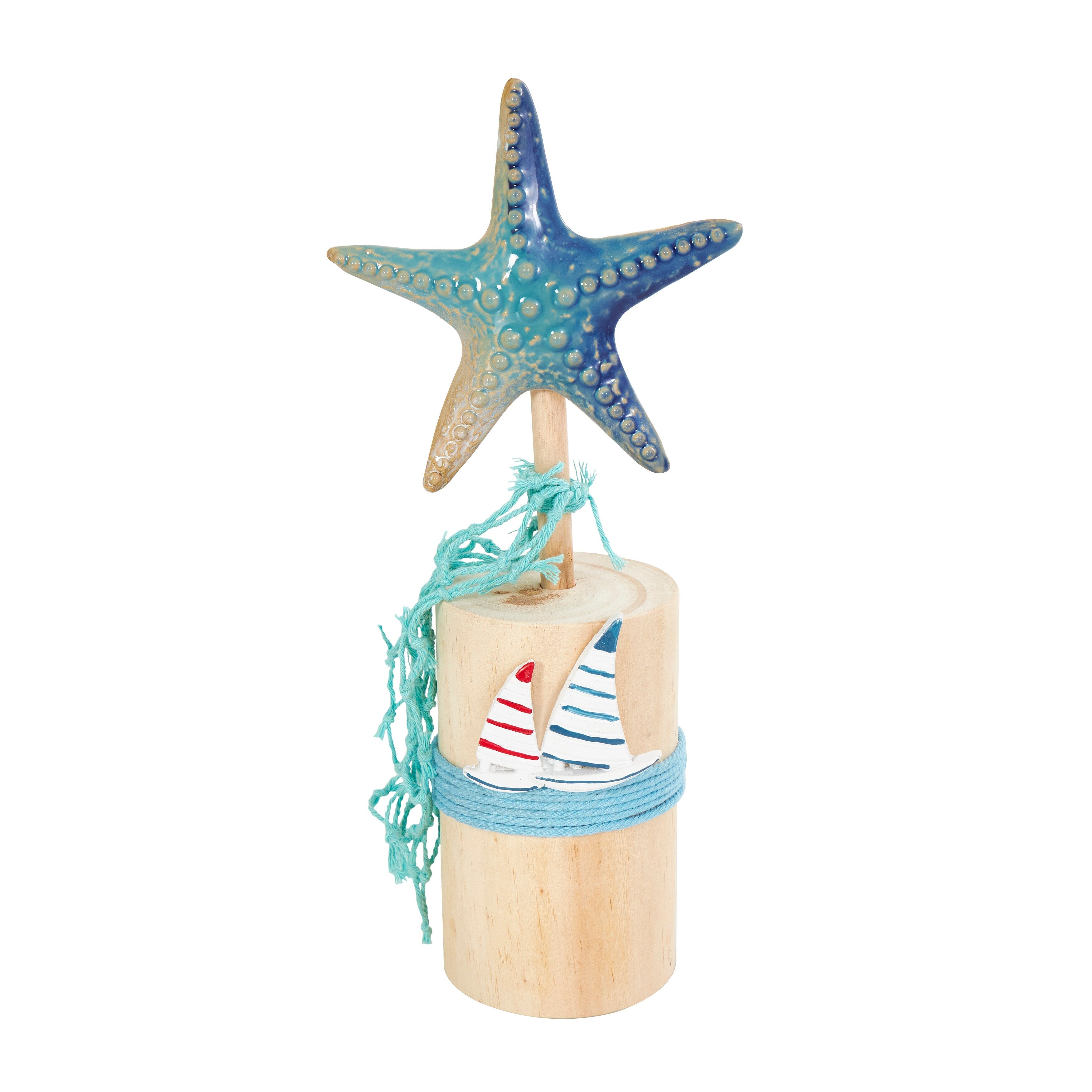 Blue Ceramic Handmade Ombre Sea Life Decorative Sculpture with Cylinder Block Bases and Netting Accents (Set of 3)