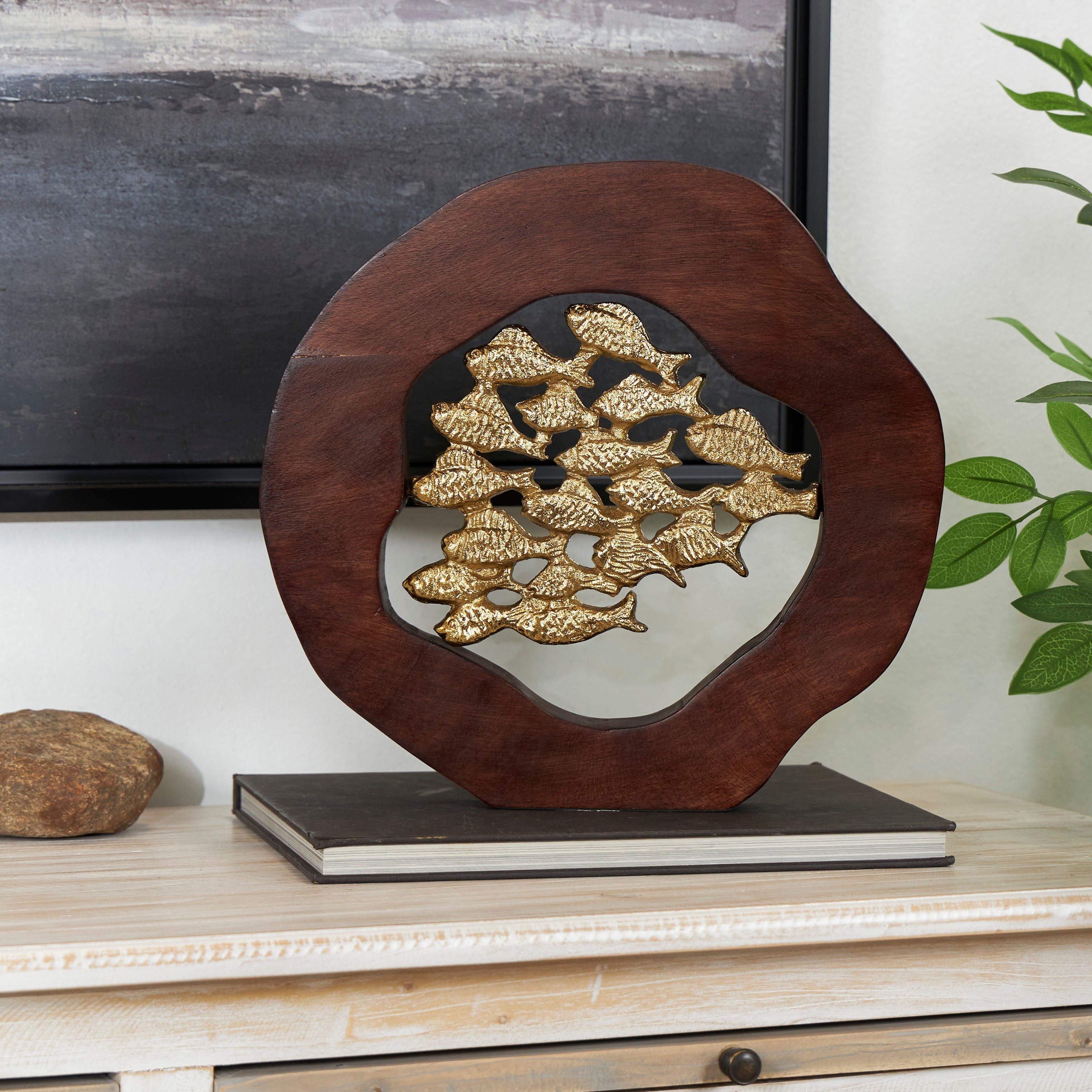 Gold Aluminum Metal Fish Decorative Sculpture with Brown Wooden Frame