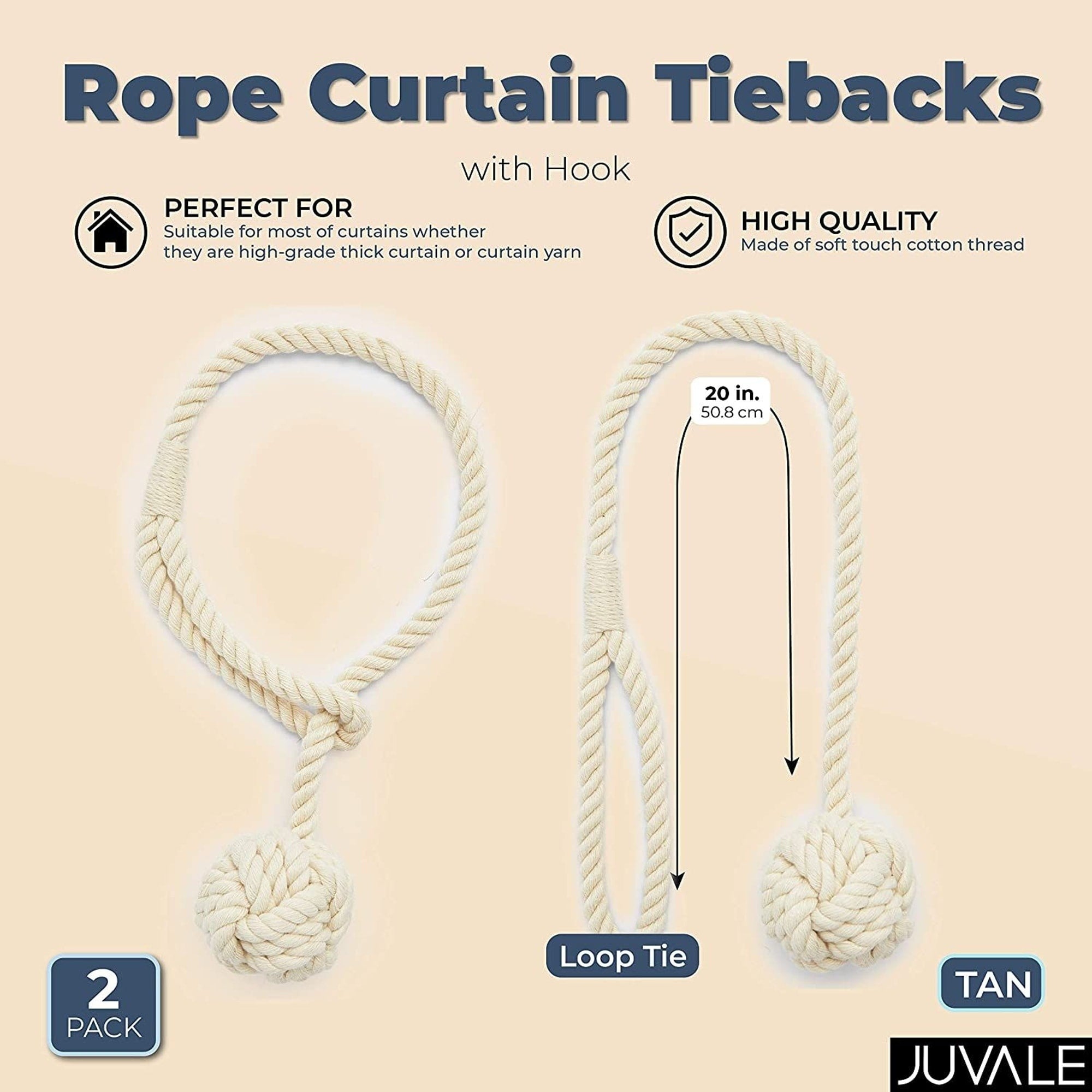 Beige Rope Curtain Tiebacks, Holdbacks for Drapes (20 Inches, 2 Pack)