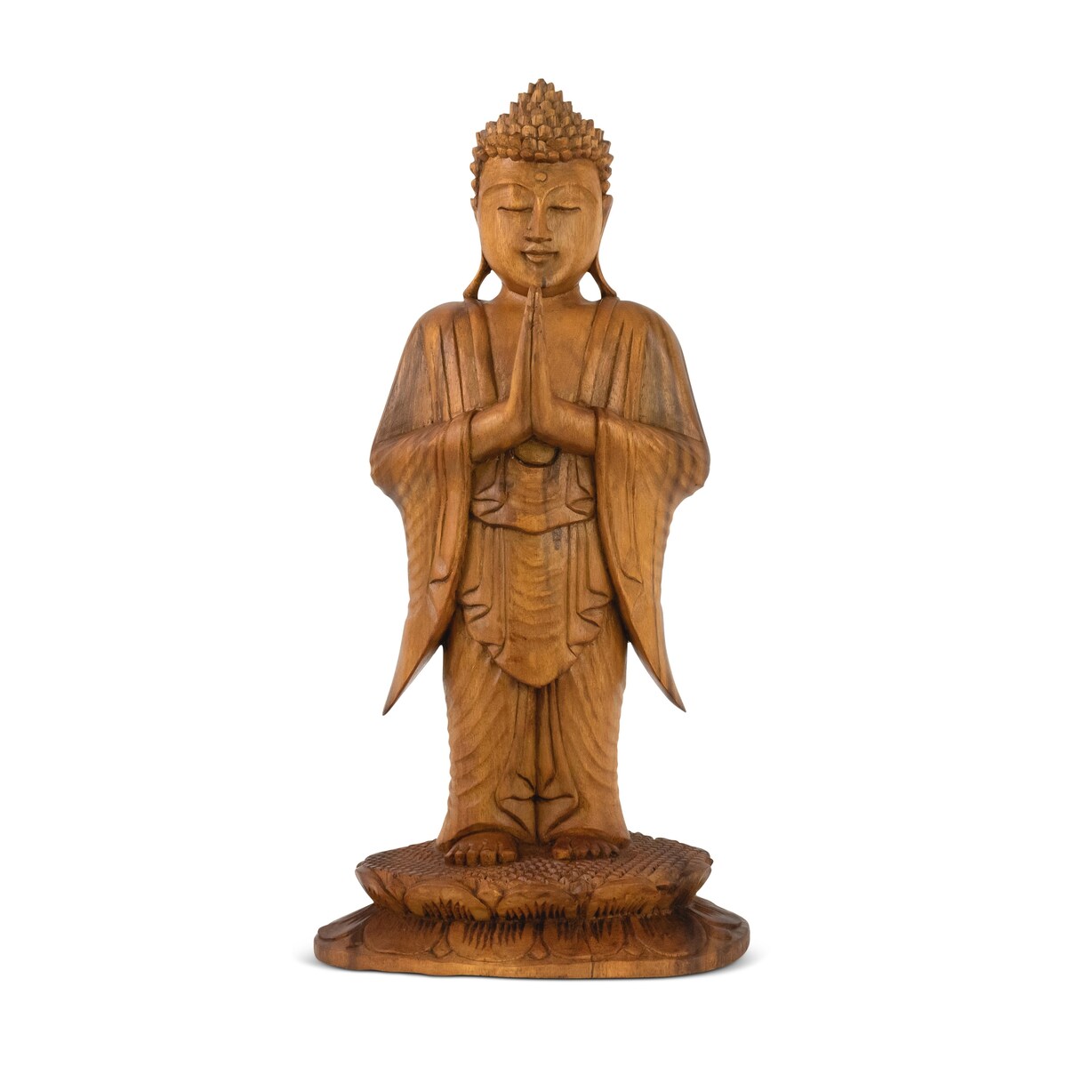 16 Wooden Hand Carved Serene Standing Buddha Statue Handmade Meditating Sculpture Figurine Home Decor Accent Handcrafted Gift