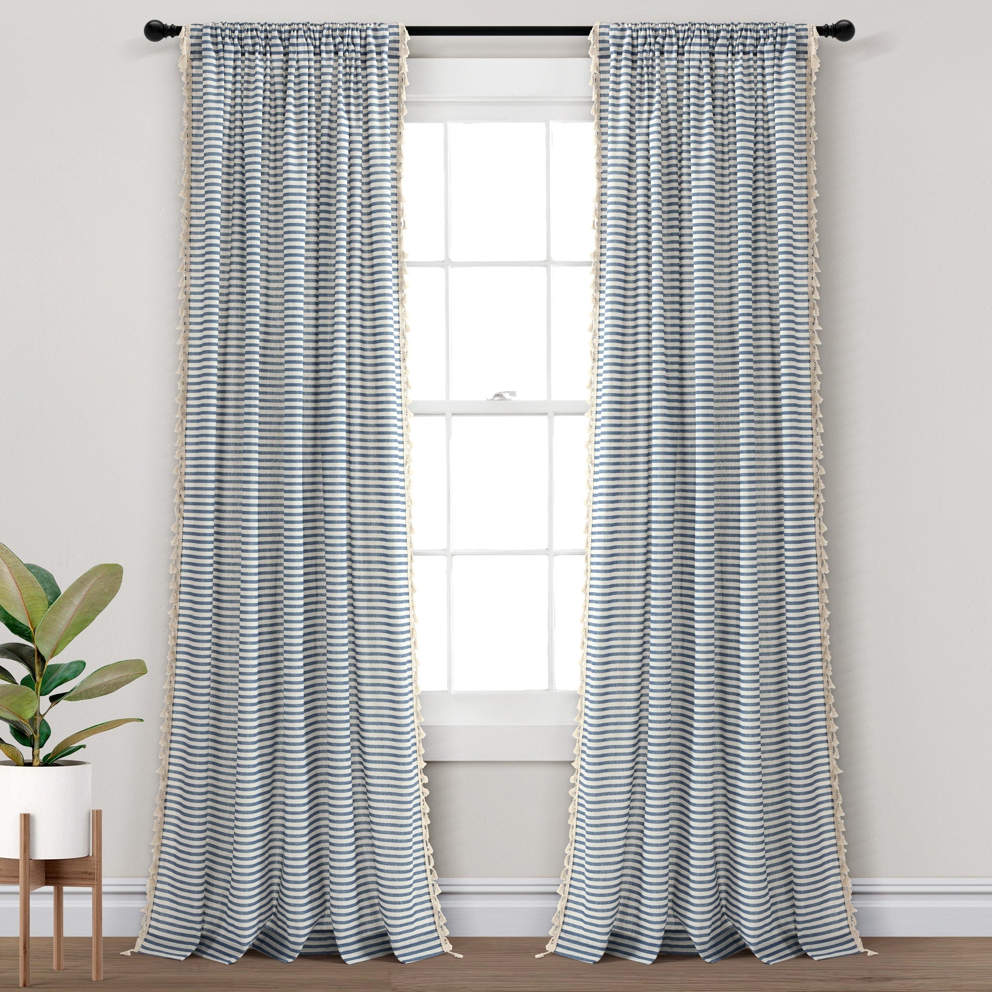 Lush Decor Boho Coastal Horizontal Ticking Stripe Tassel Window Curtain Panels