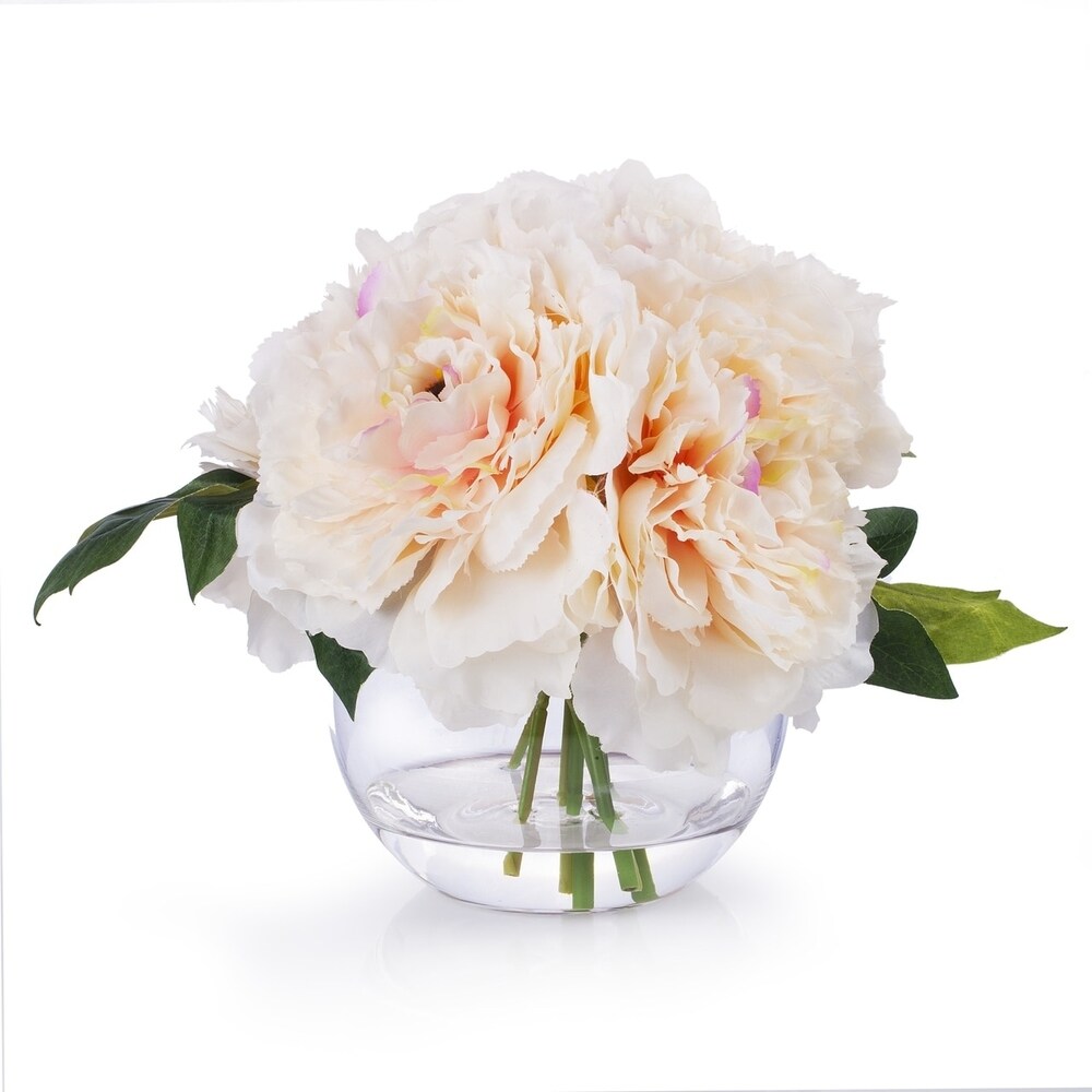 Enova Home 5 Heads Large Artificial Silk Peony Fake Flowers Arrangement in Clear Glass Vase with Faux Water for Home Decoration