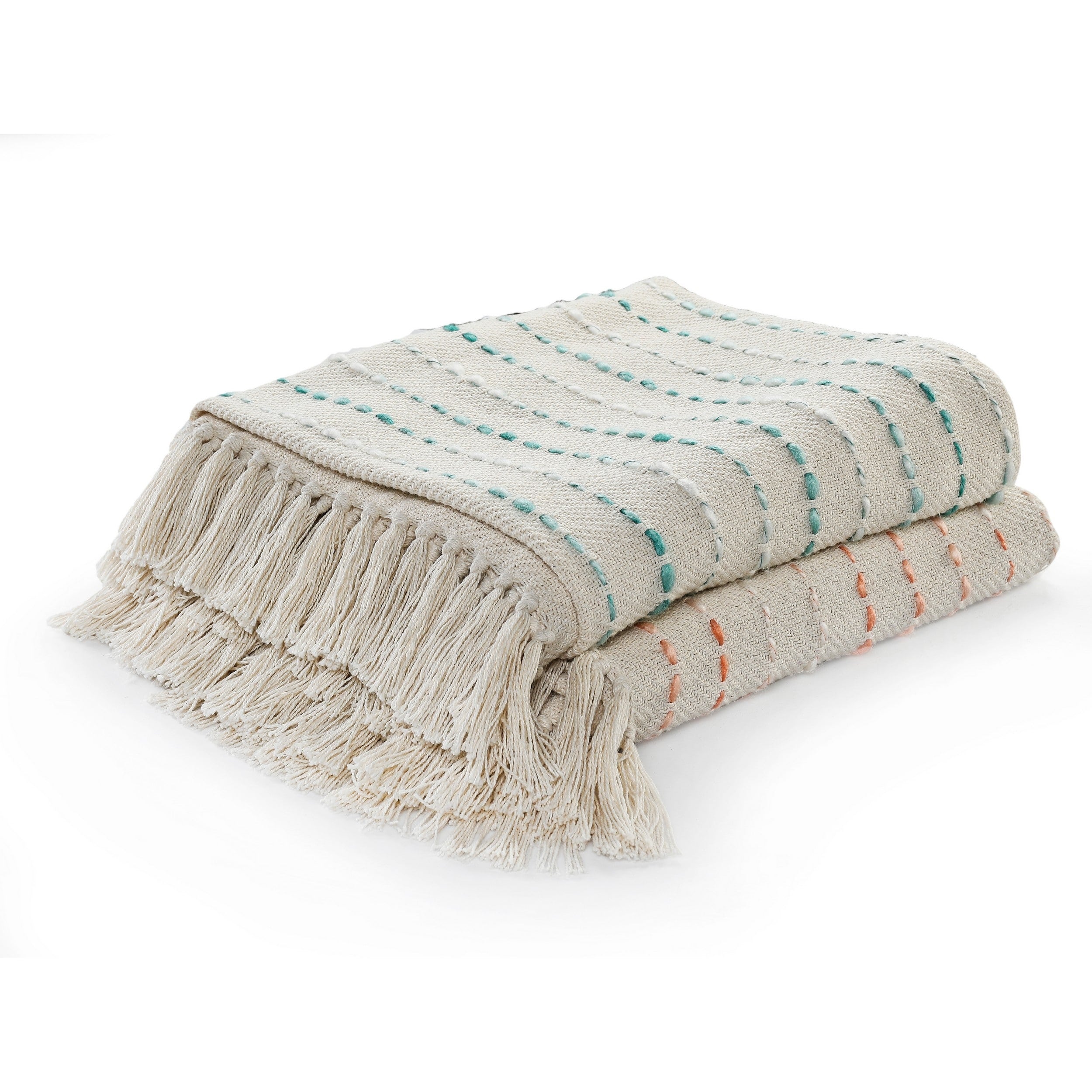 Sevita Hand-Woven Natural Cotton Striped Standard Size Throw Blanket with Fringe