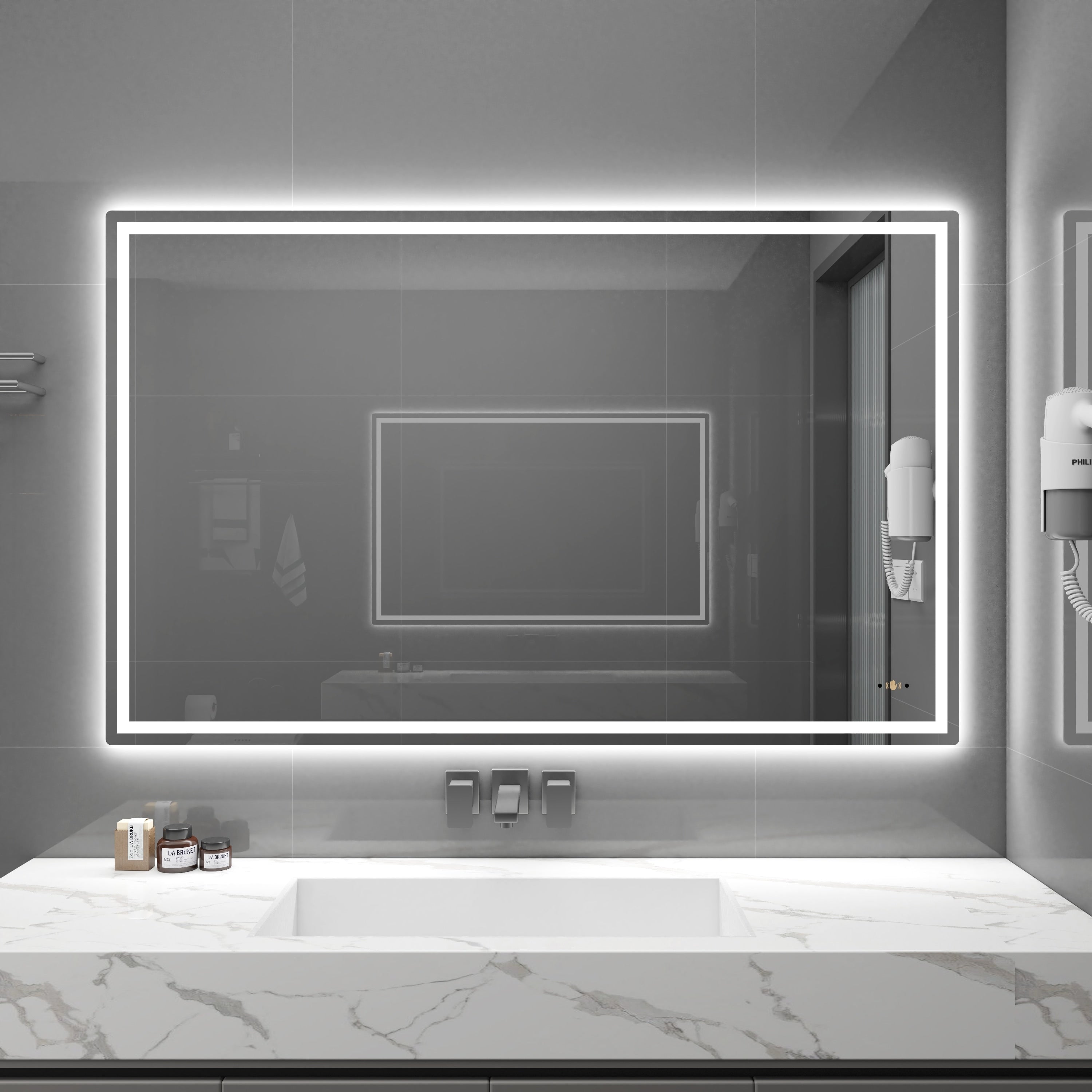 CB HOME Lighted Bathroom Vanity Mirror, LED Wall Mounted Mirror, Gesture Control Smart Lighted Mirror, Dimmable, Frameless