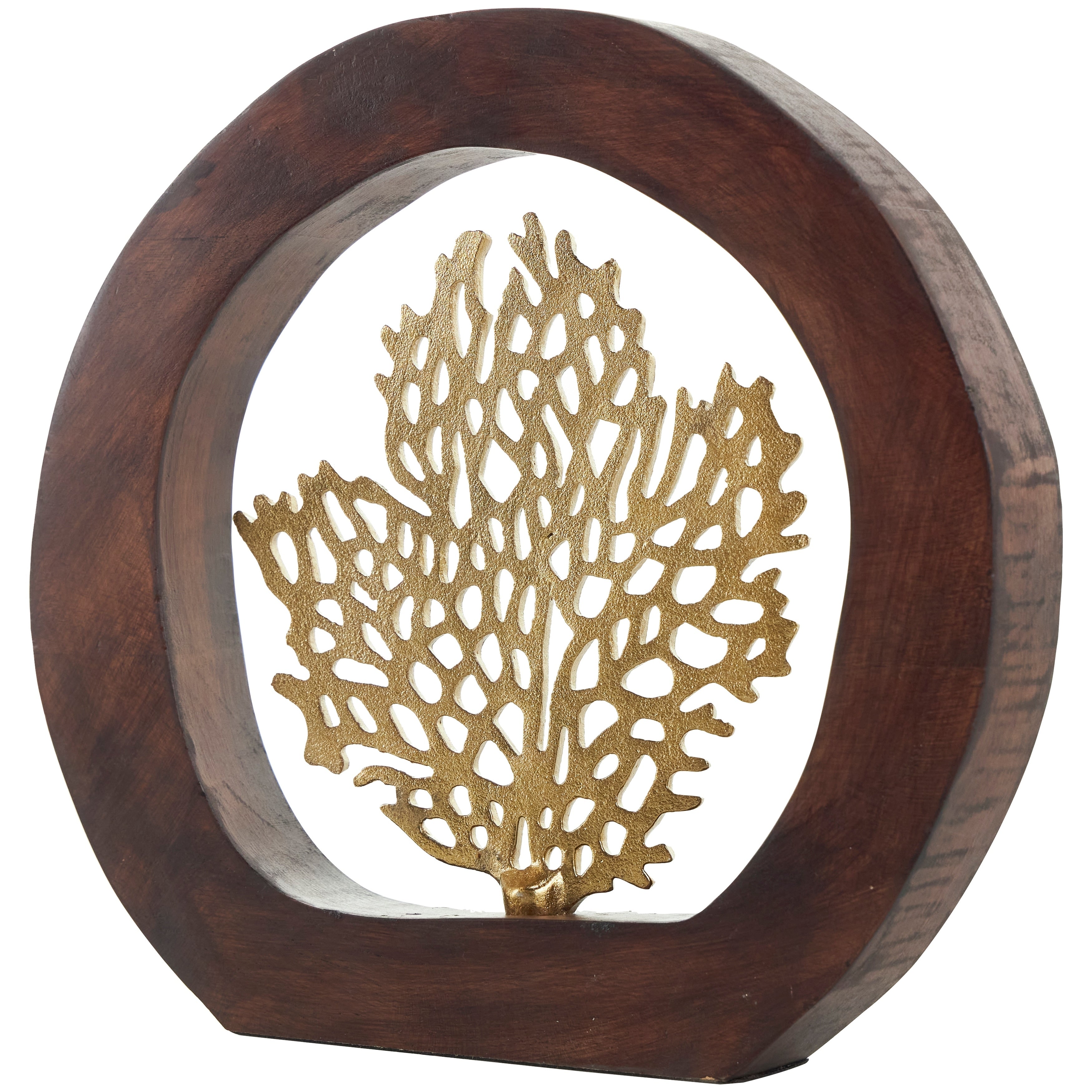 Gold Aluminum Metal Coral Decorative Sculpture with Brown Wooden Frame