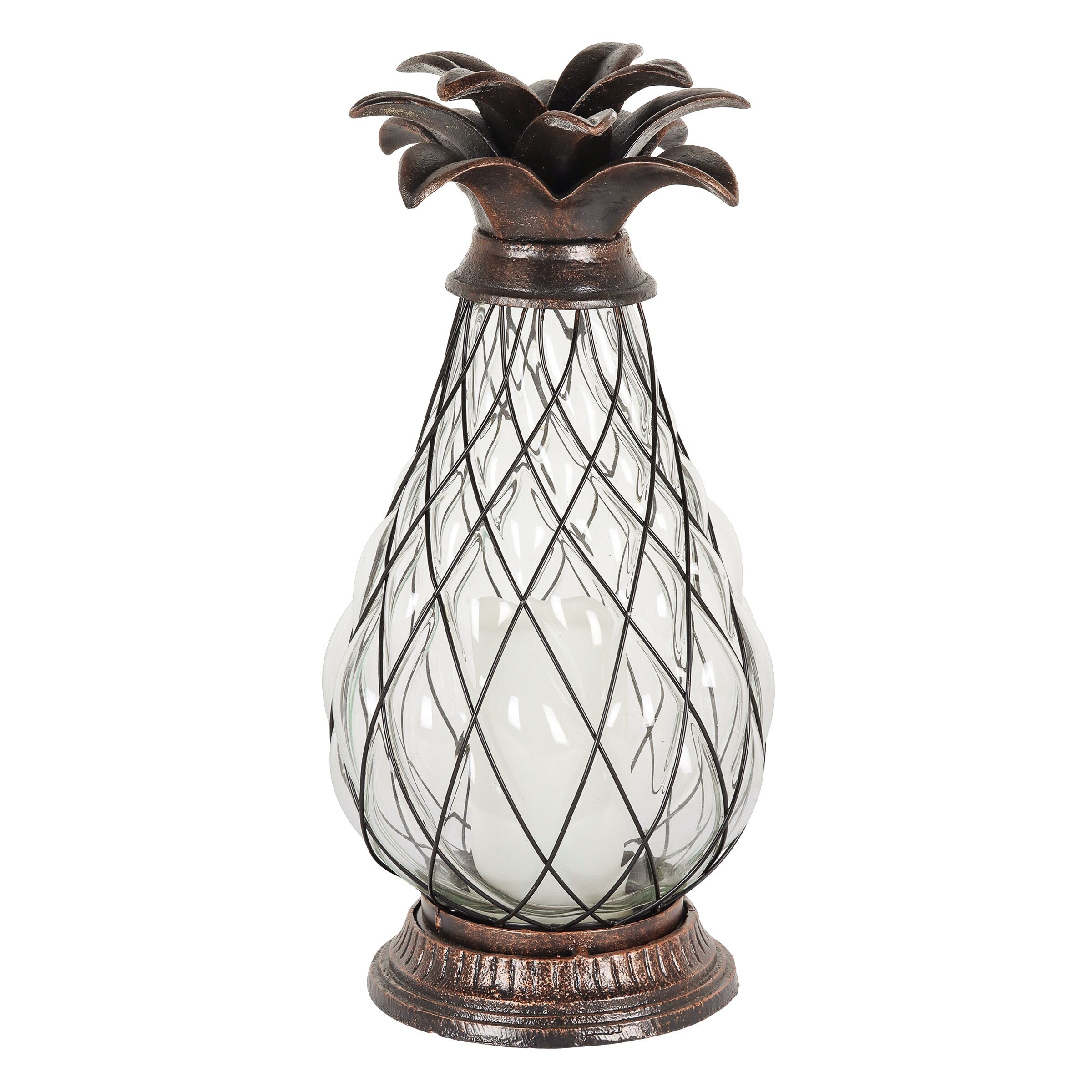 Exhart Bronze Pineapple Lantern with Battery Powered LED Candle on a Timer