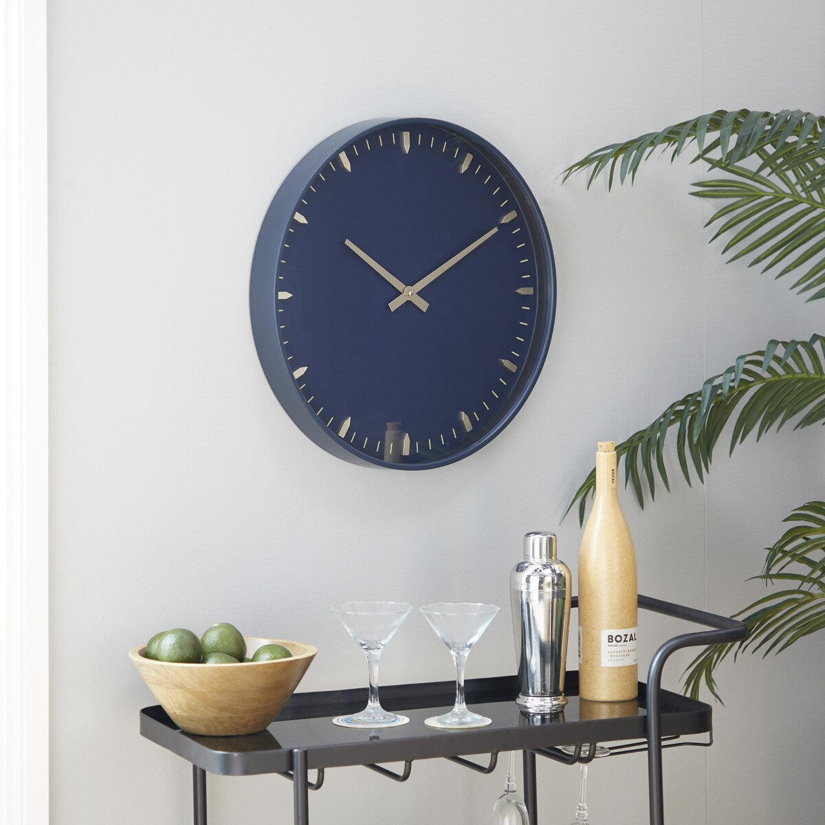 Glass or Plastic Decorative Wall Clock with Gold or Black Accents - Dark Blue, Gold, Black - Roche River Decor