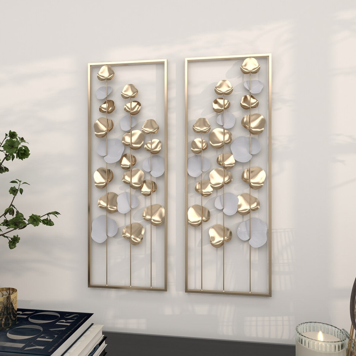 Metal Floral Long Stem Home Wall Decor with White Accents - Gold - Roche River Decor