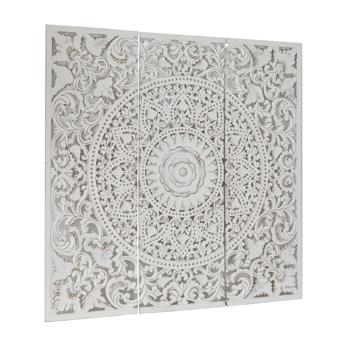 Wooden Floral Handmade Intricately Carved Home Wall Decor with Mandala Design - Set of 3 White - Roche River Decor